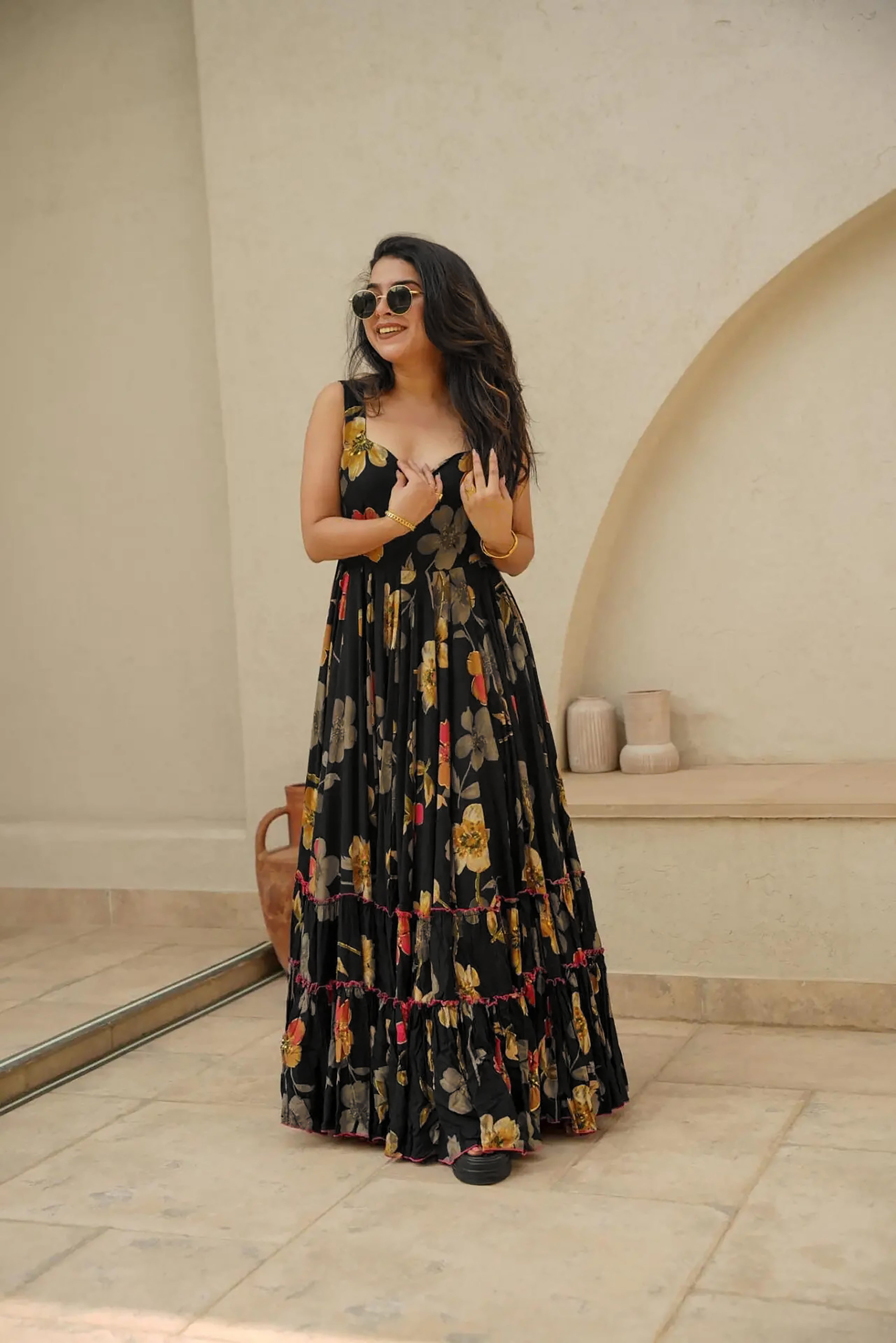 Women Black Rayon Heavy Digital Printed  Gown