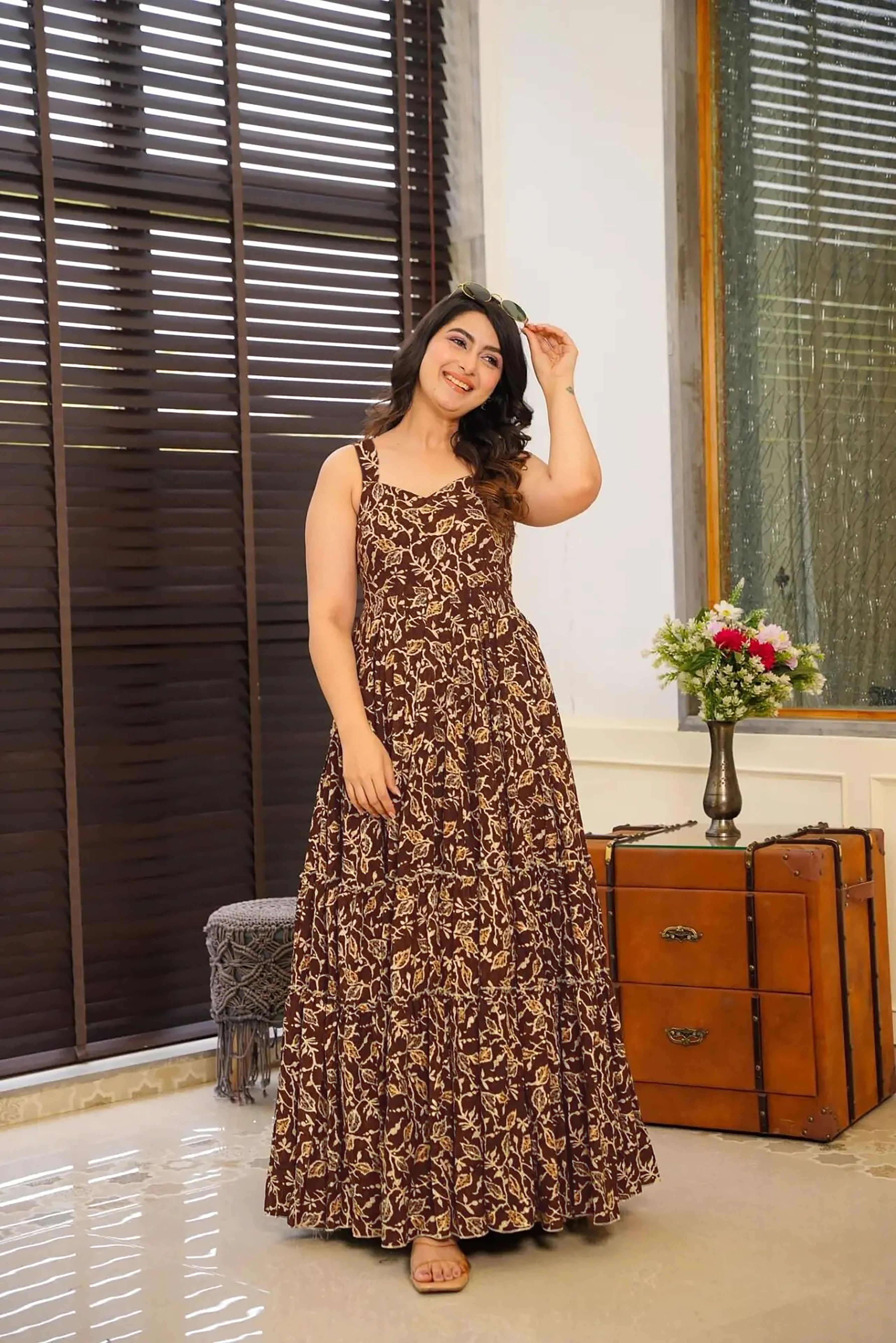 Women Brown Rayon Heavy Digital Printed  Gown