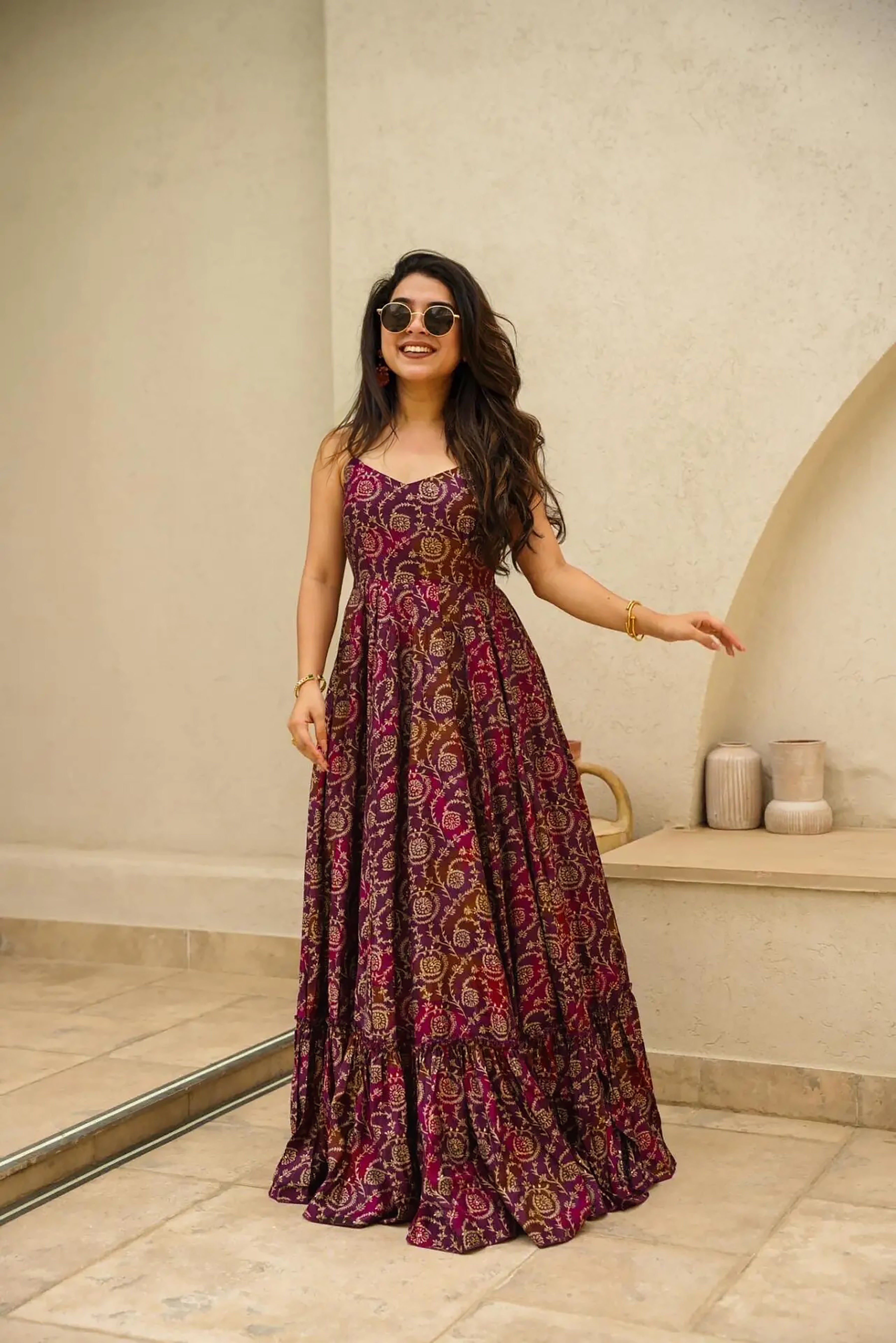 Women Purple Rayon Heavy Digital Printed  Gown