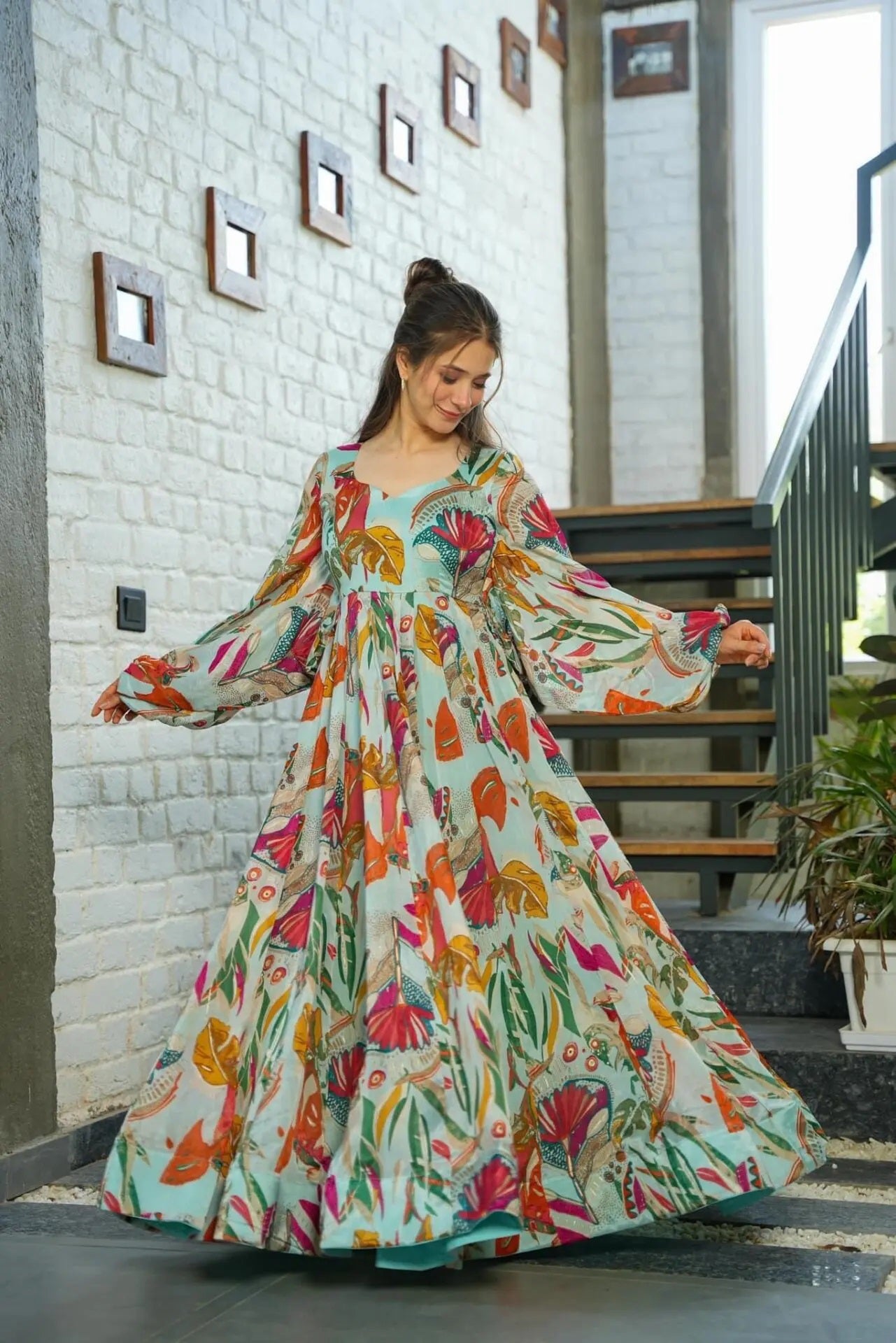 Women Multi Heavy Air Tex Chinon Heavy Digital Printed  Gown