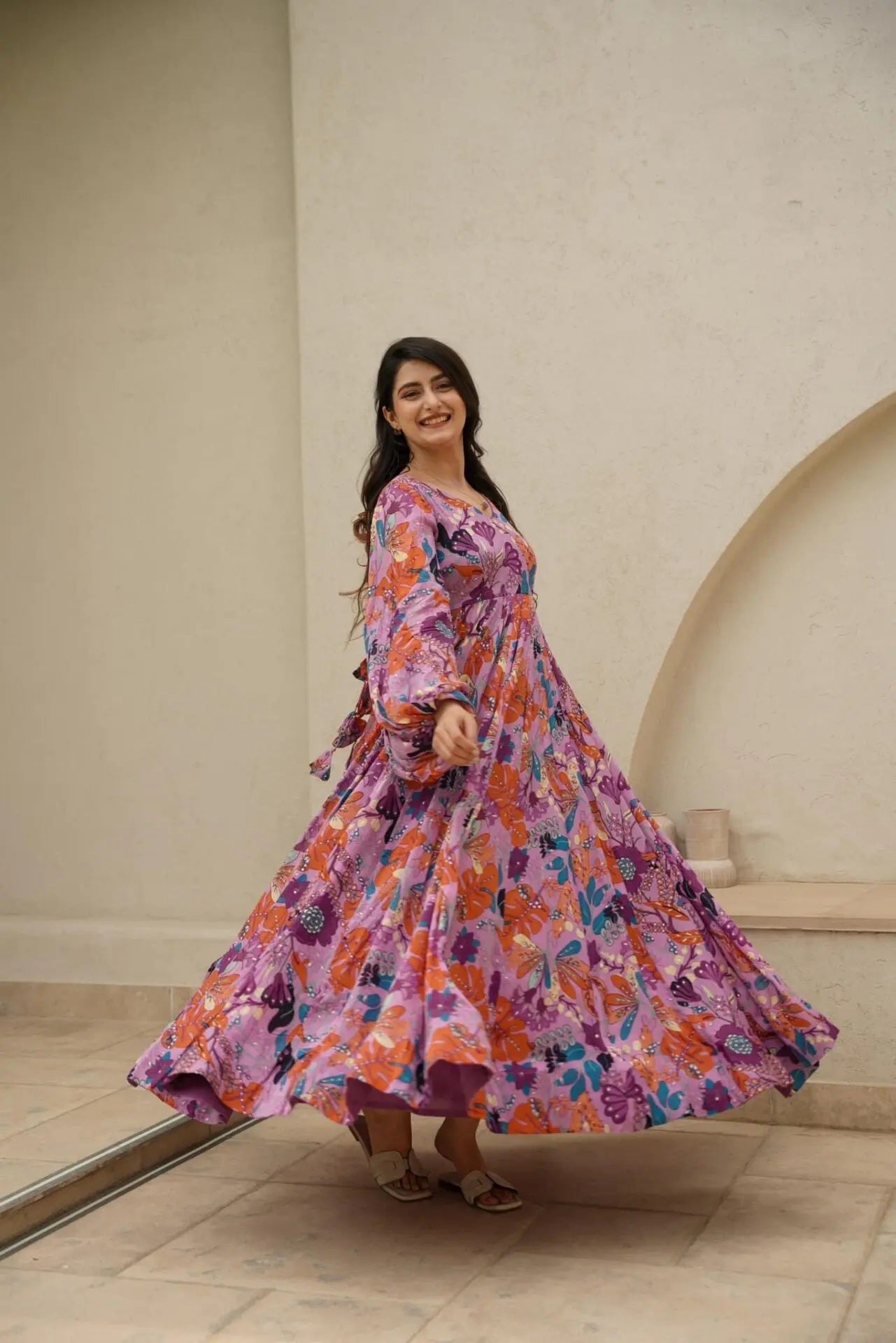 Women Pink Heavy Air Tex Chinon Heavy Digital Printed  Gown