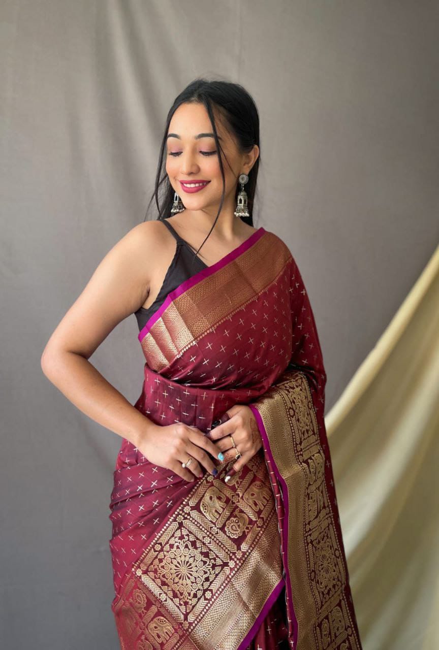 Women Maroon Soft Silk  Weaving Work Saree With Un-Stiched Blouse