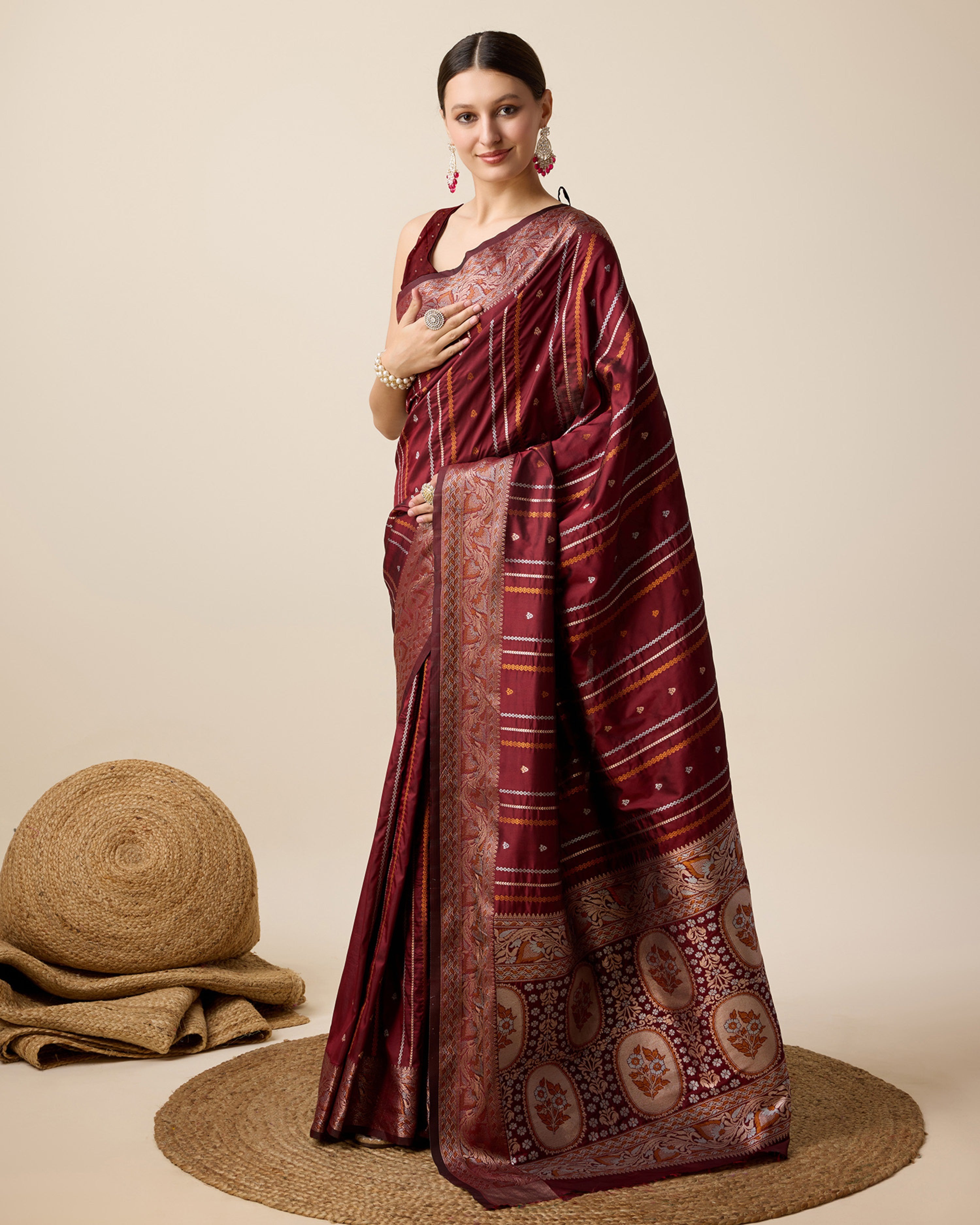 Women Maroon Pure Jacquard  Zari Work Saree With Un-Stiched Blouse