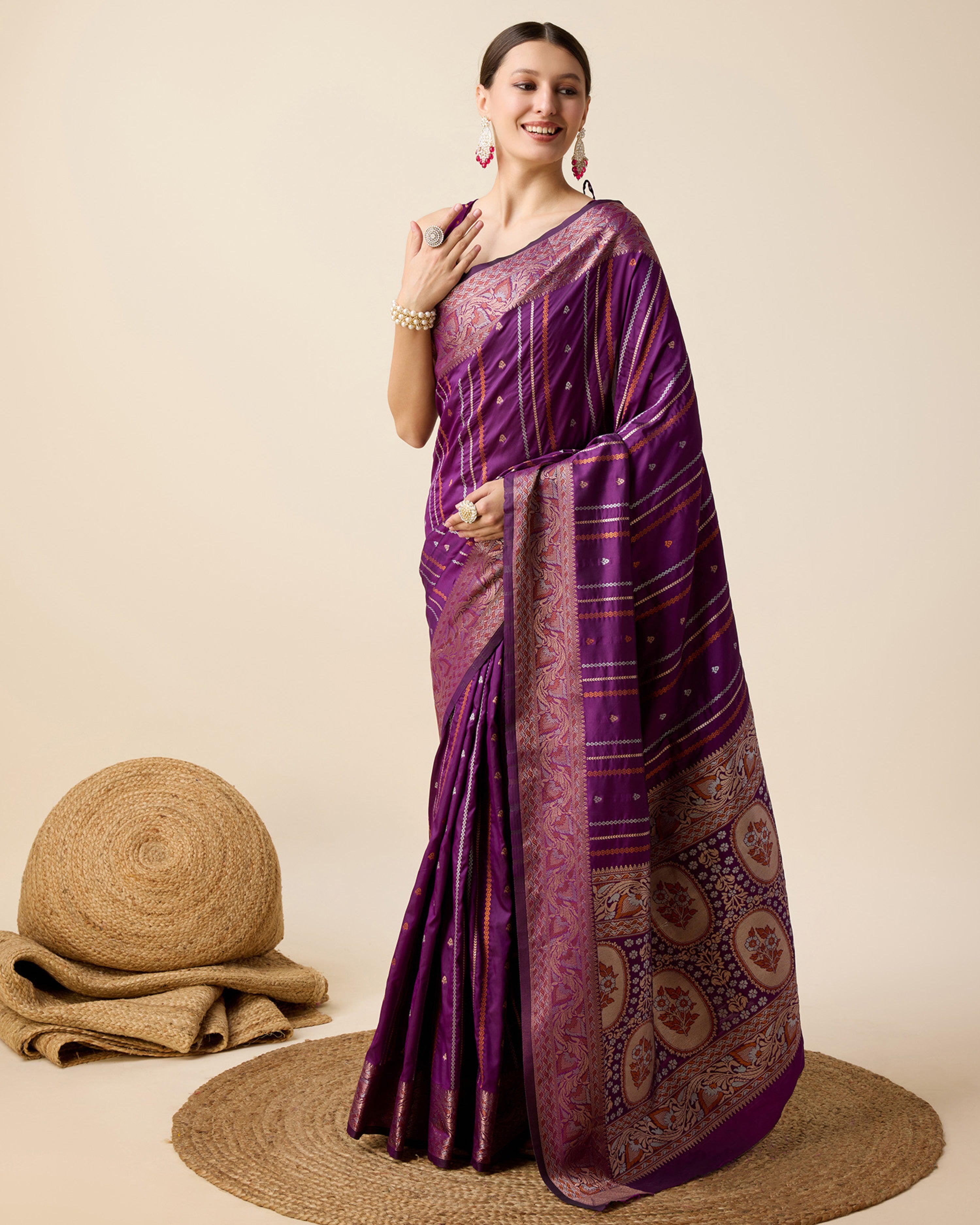 Women Wine Pure Jacquard  Zari Work Saree With Un-Stiched Blouse