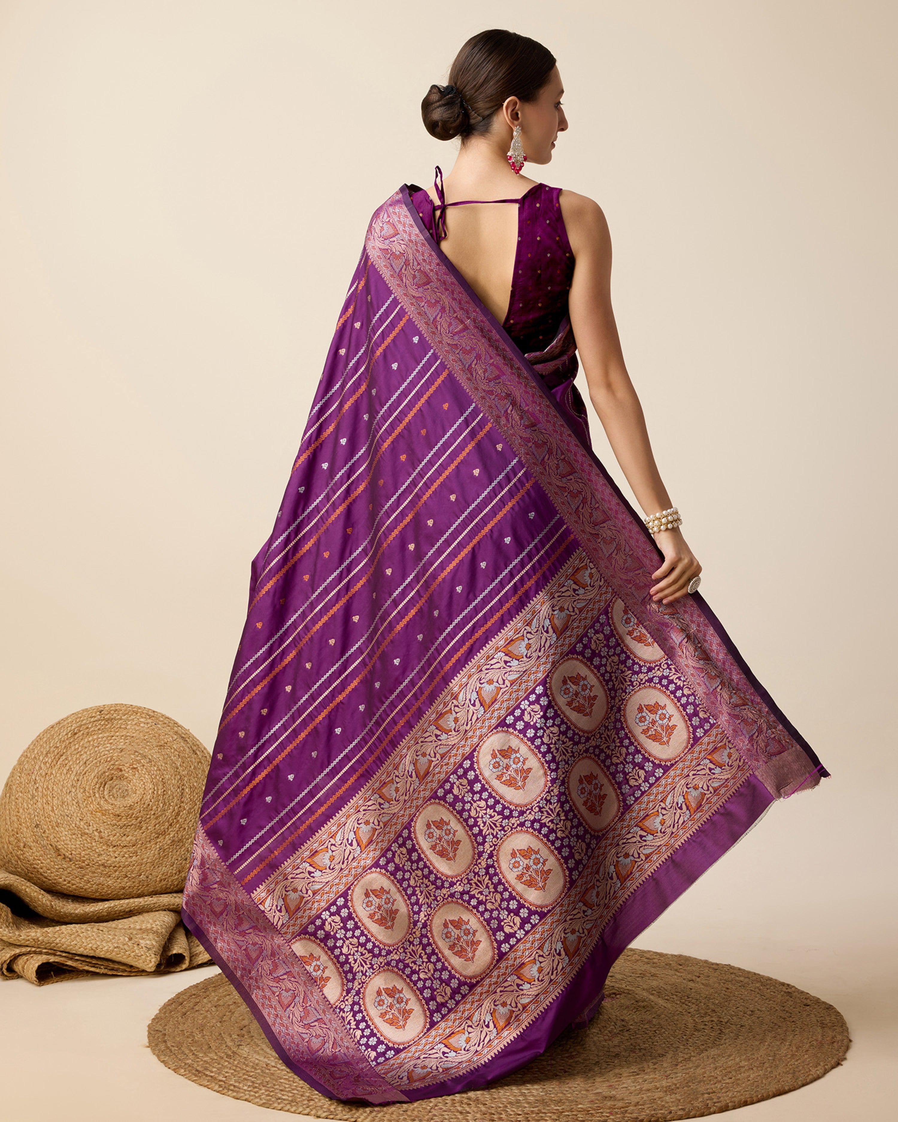 Women Wine Pure Jacquard  Zari Work Saree With Un-Stiched Blouse