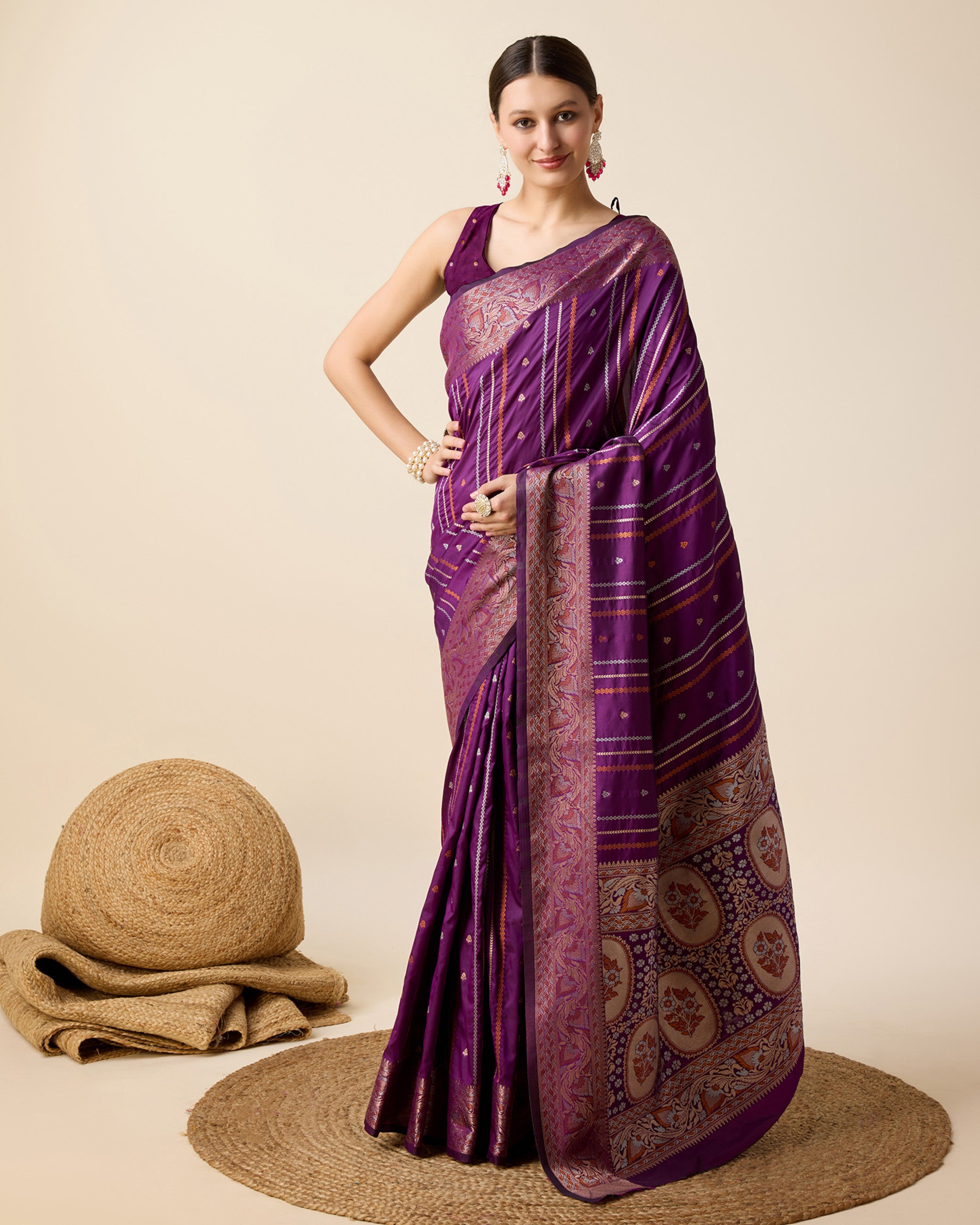 Women Wine Pure Jacquard  Zari Work Saree With Un-Stiched Blouse