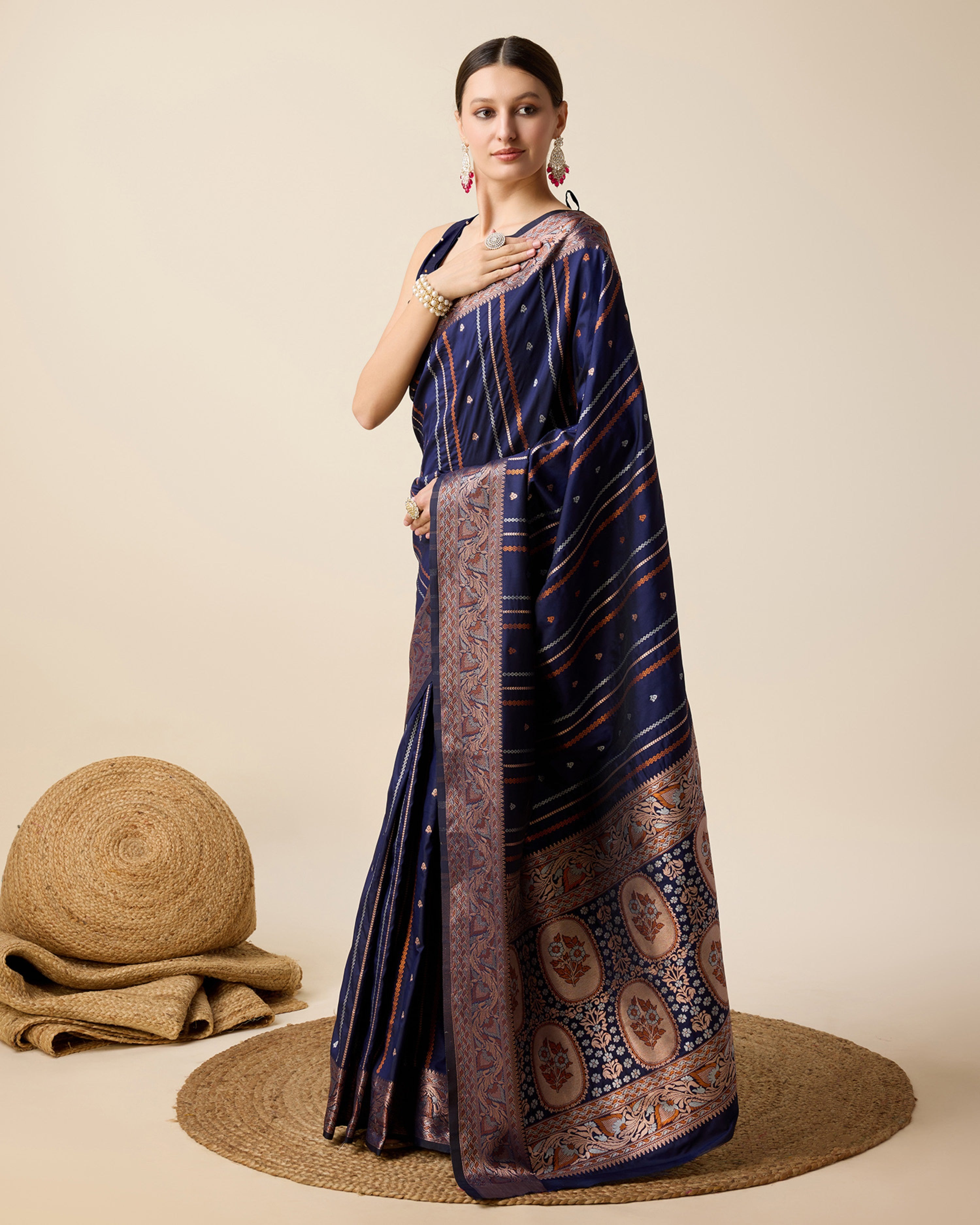 Women Blue Pure Jacquard  Zari Work Saree With Un-Stiched Blouse