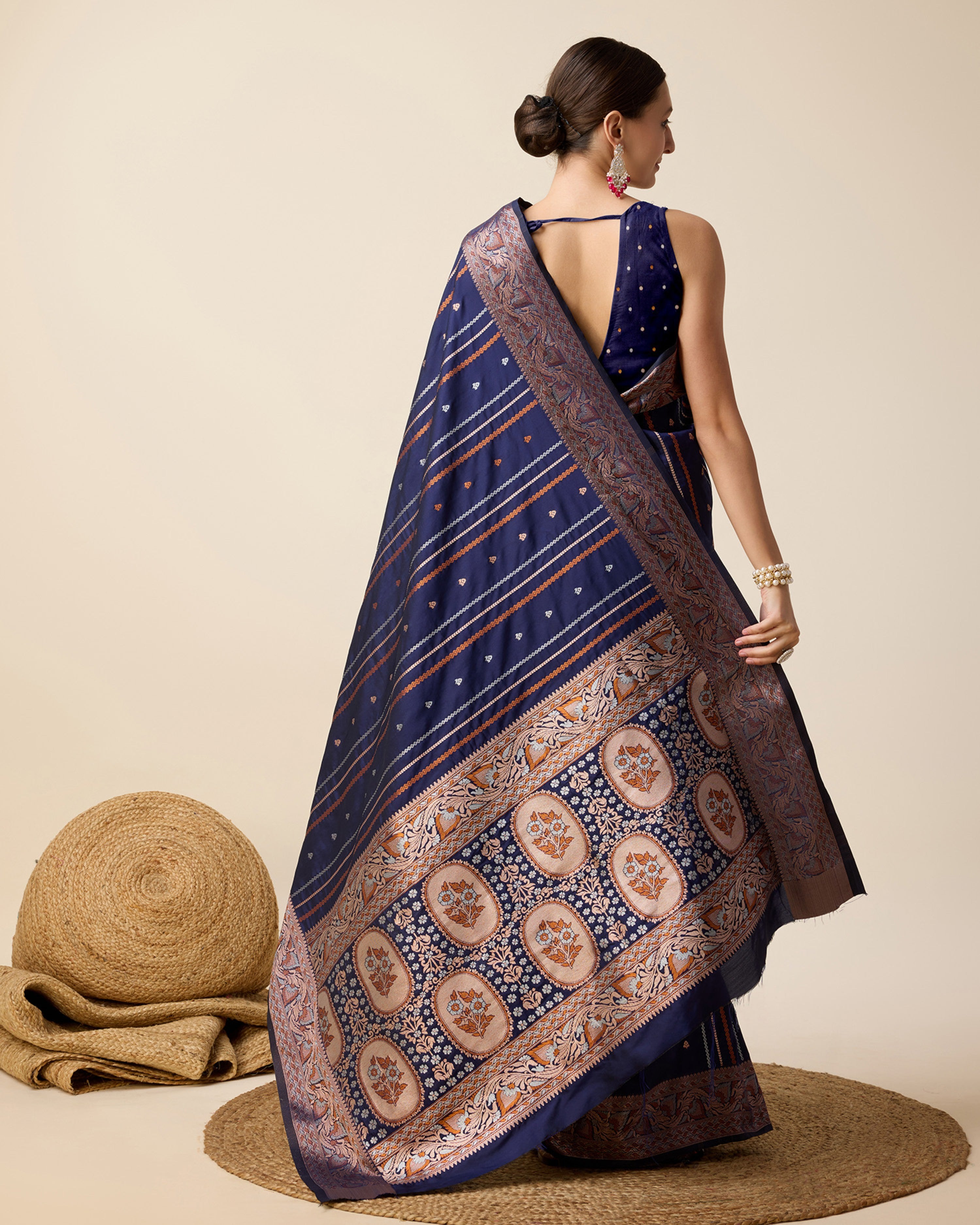 Women Blue Pure Jacquard  Zari Work Saree With Un-Stiched Blouse