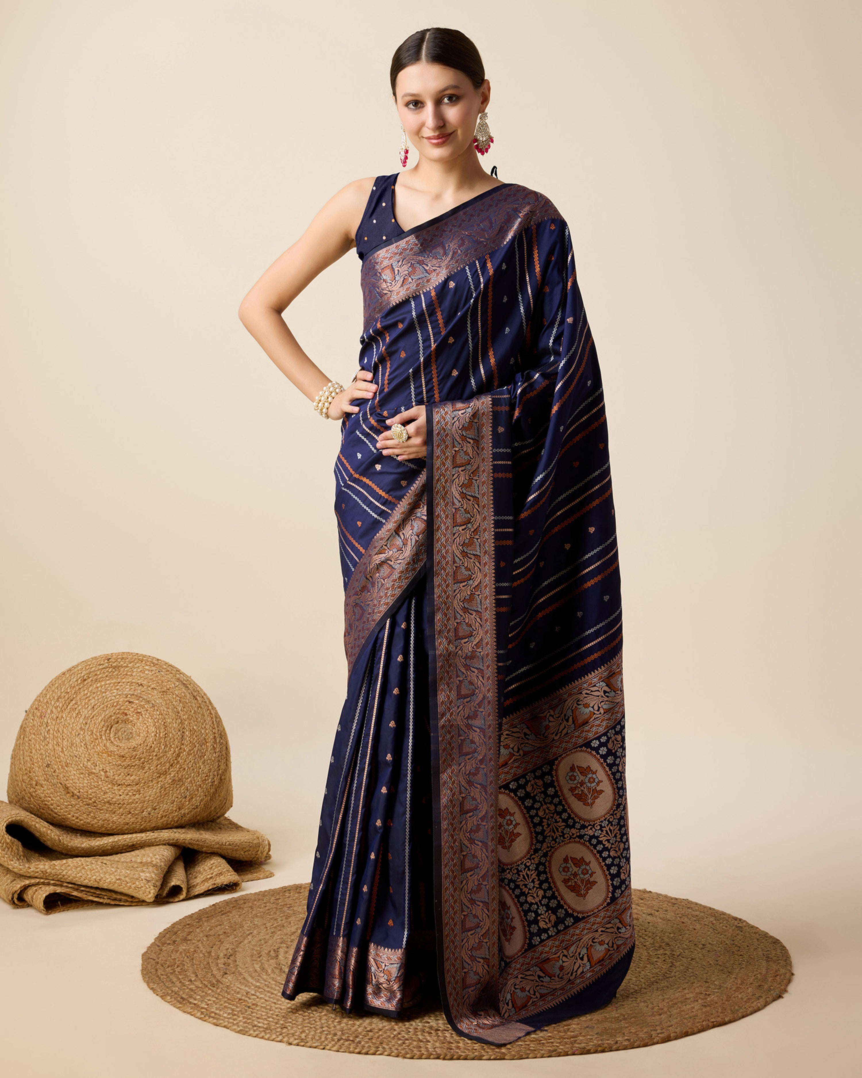 Women Blue Pure Jacquard  Zari Work Saree With Un-Stiched Blouse