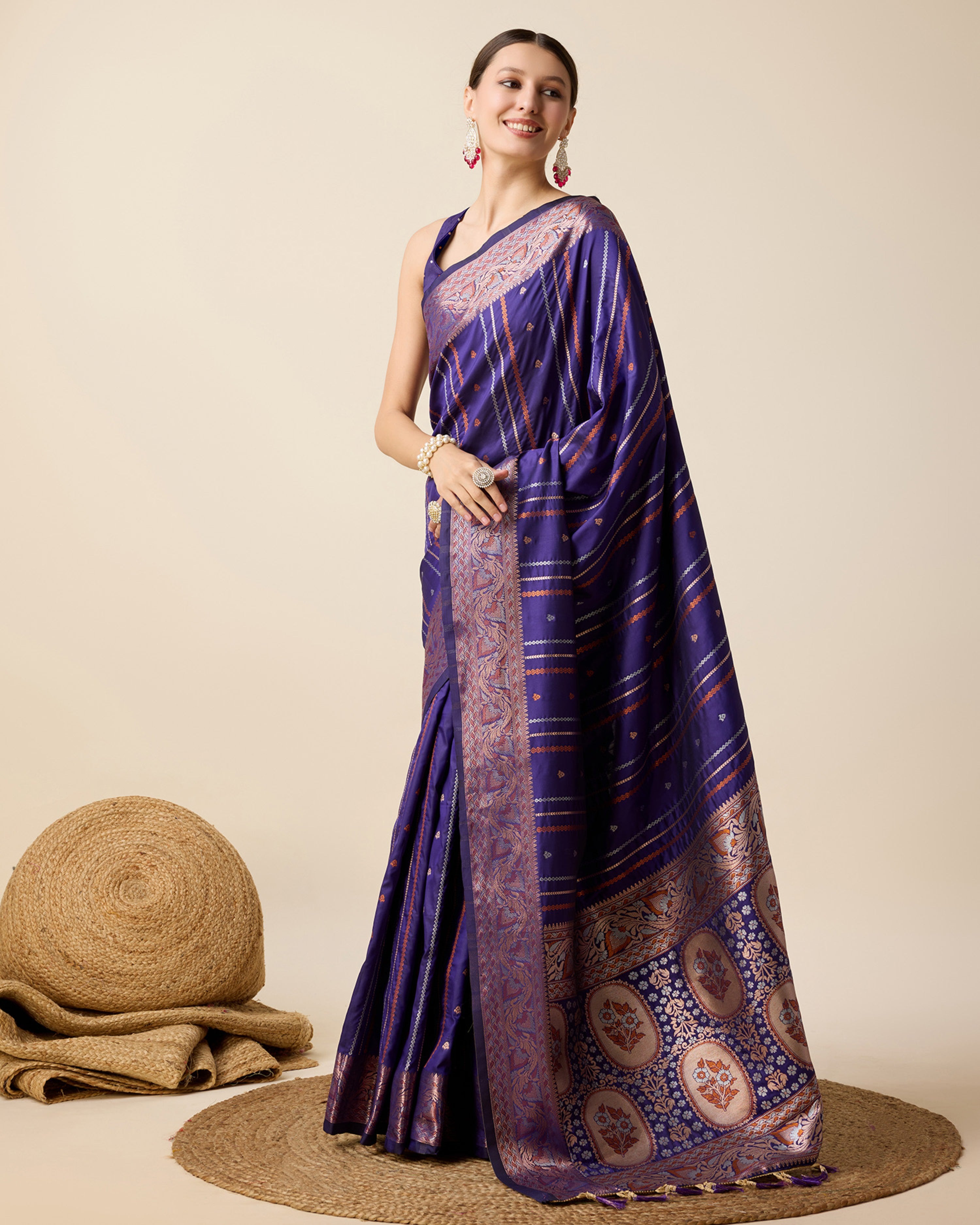 Women Violet Pure Jacquard  Zari Work Saree With Un-Stiched Blouse