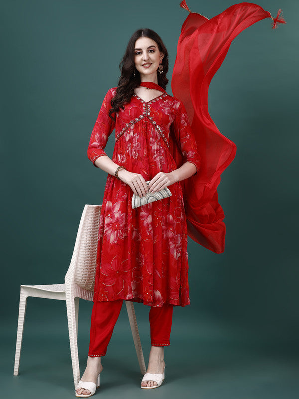Women Red Chinon Kurta Set With Dupatta Embroidered Work