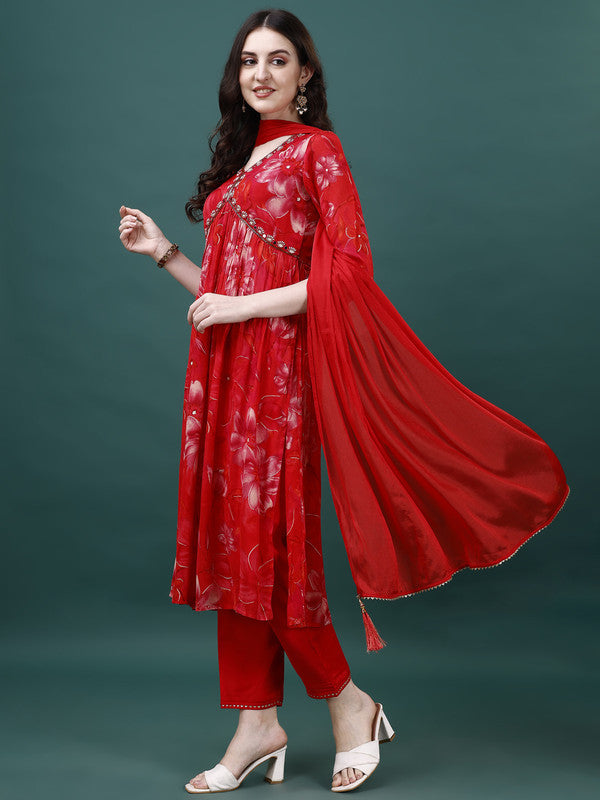 Women Red Chinon Kurta Set With Dupatta Embroidered Work