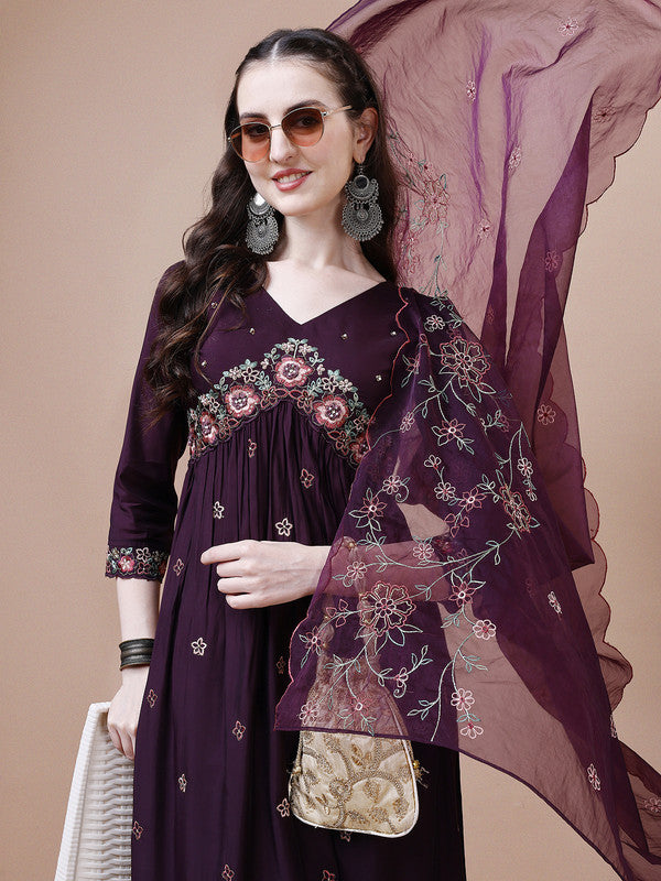 Women Wine Chinon Kurta Set With Dupatta Embroidered Work