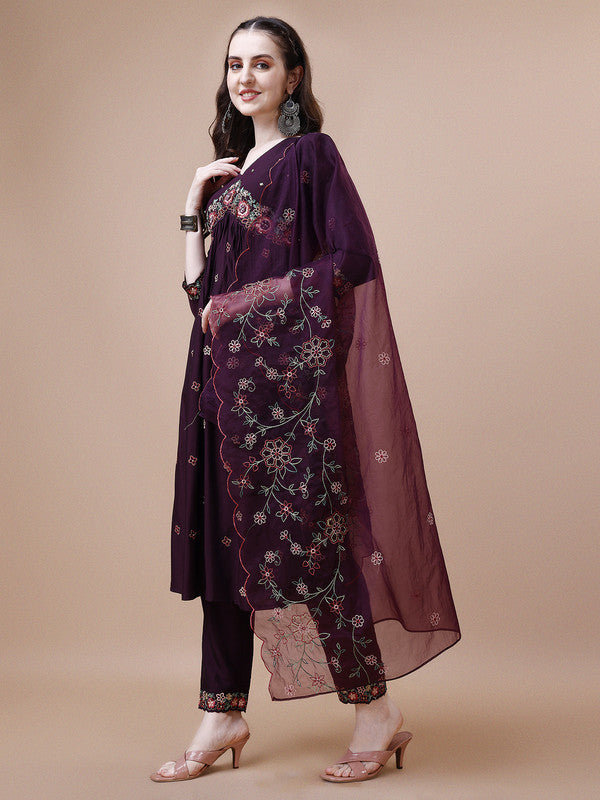 Women Wine Chinon Kurta Set With Dupatta Embroidered Work