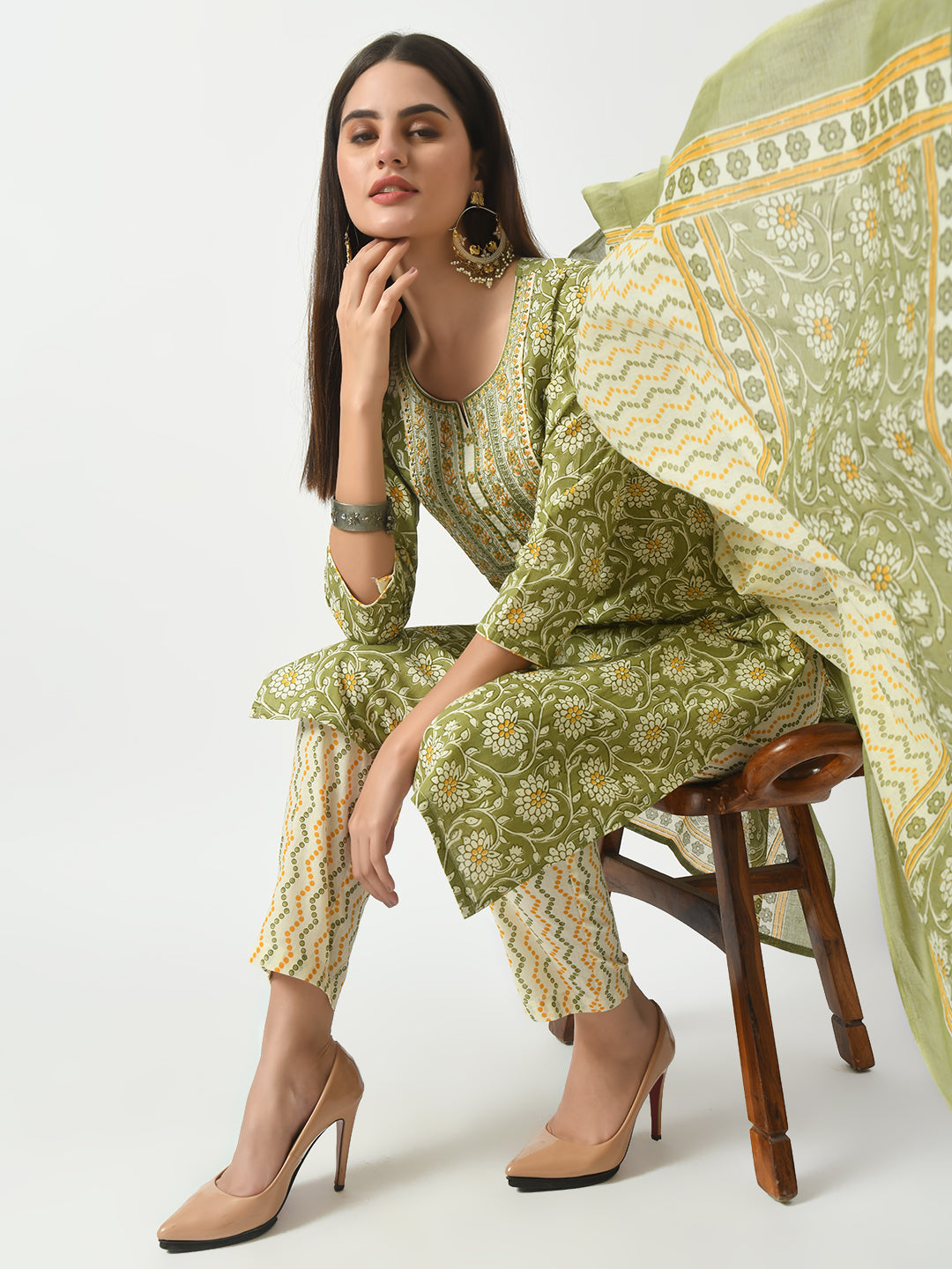 Green Printed and Embroidered Kurta Pant With Dupatta Set