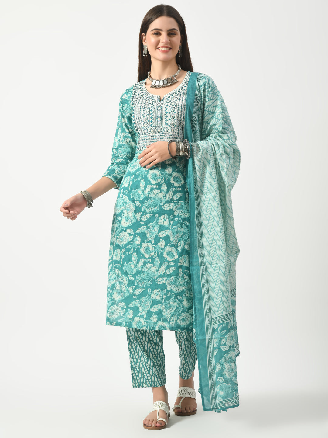 Blue Printed and Embroidered Kurta Pant With Dupatta Set