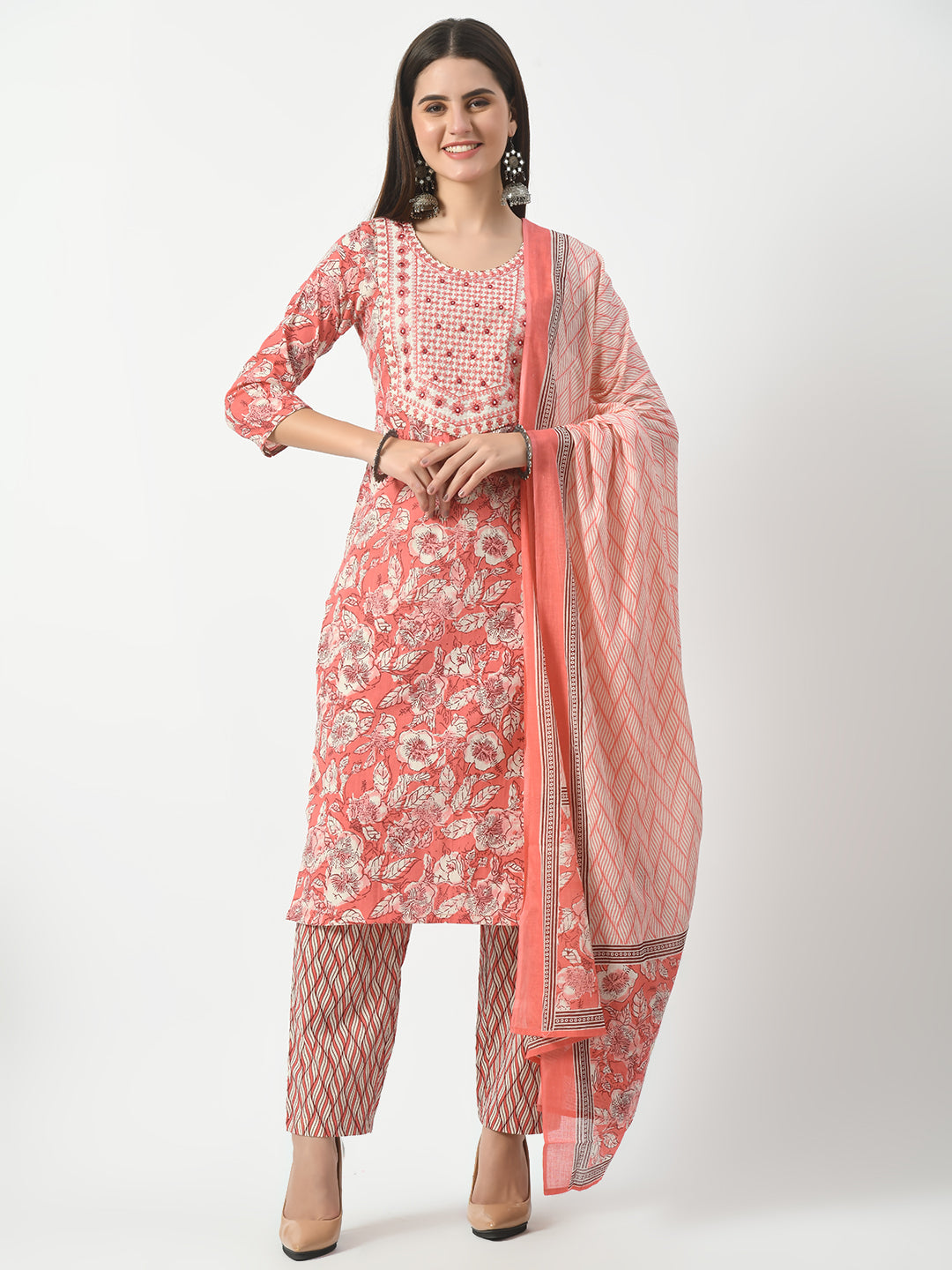 Pink Printed and Embroidered Kurta Pant With Dupatta Set