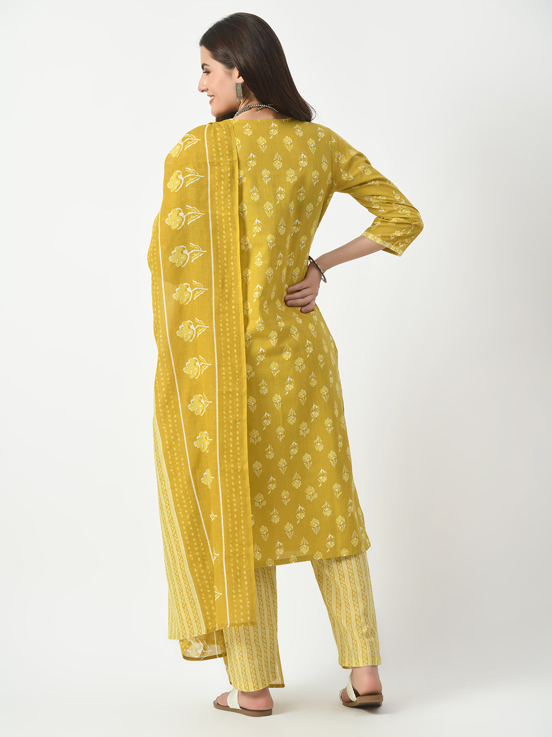 Mustard Printed and Embroidered Kurta Pant With Dupatta Set