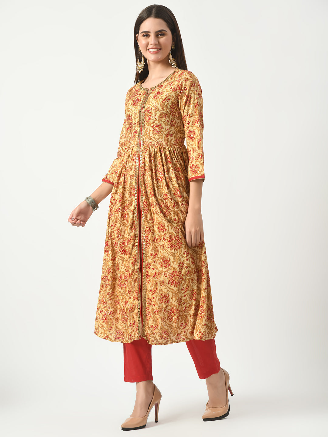 Beige Floral Printed Flared Kurta With Pant