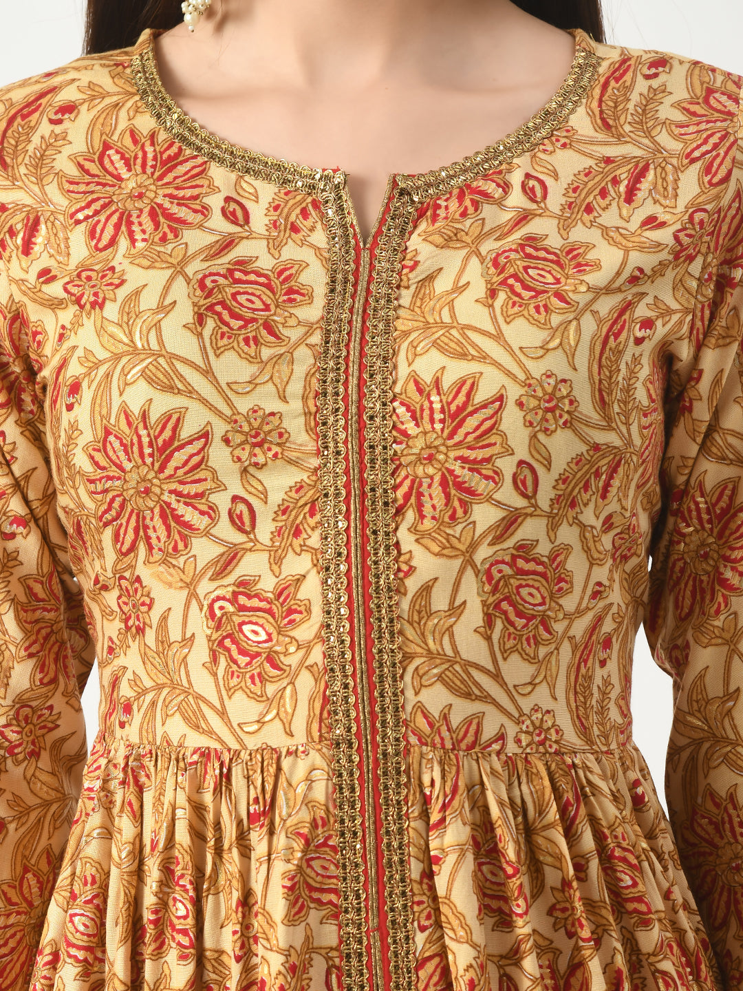 Beige Floral Printed Flared Kurta With Pant