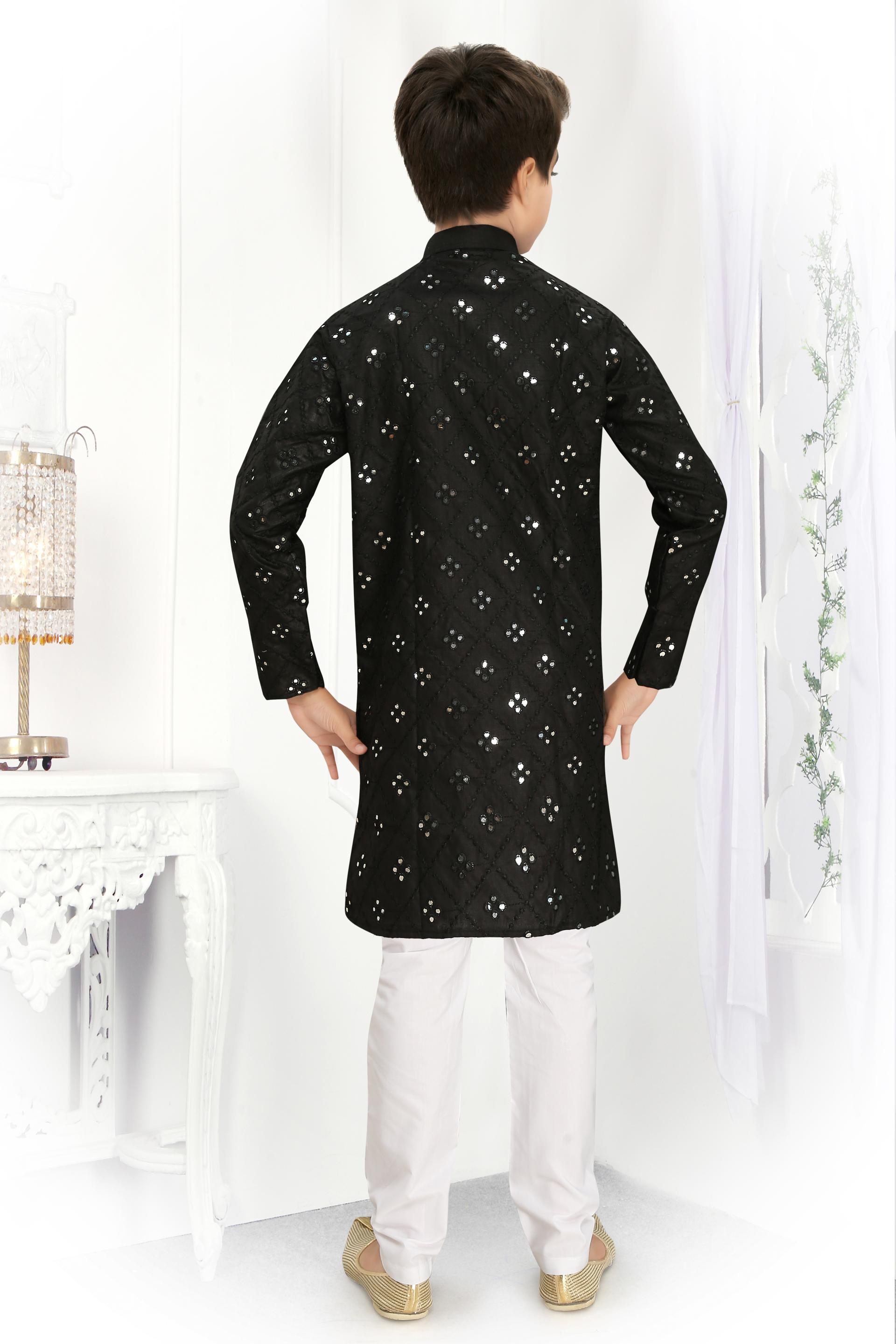 Men Black Cotton Blend Mirror Work Kurta Set