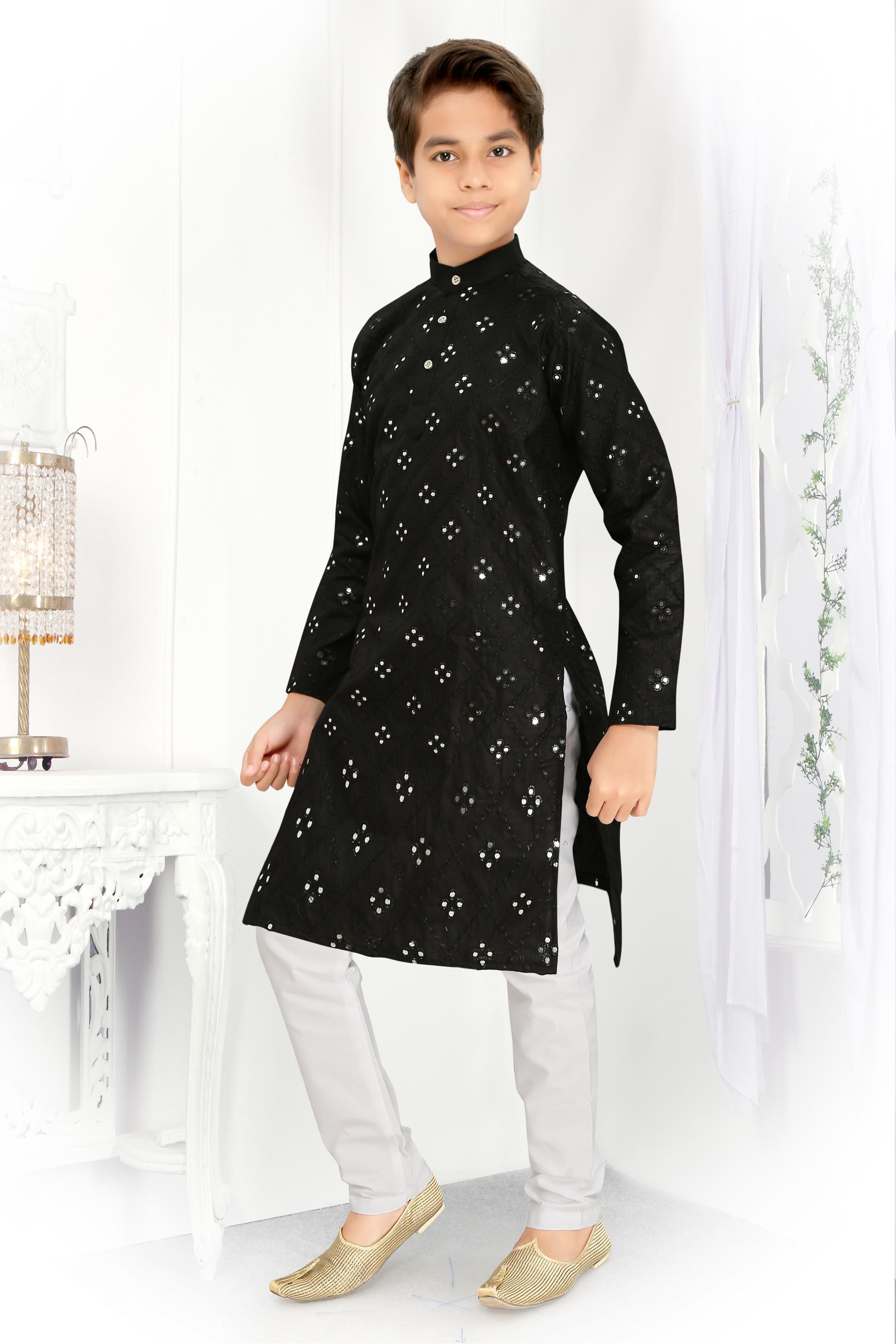 Men Black Cotton Blend Mirror Work Kurta Set