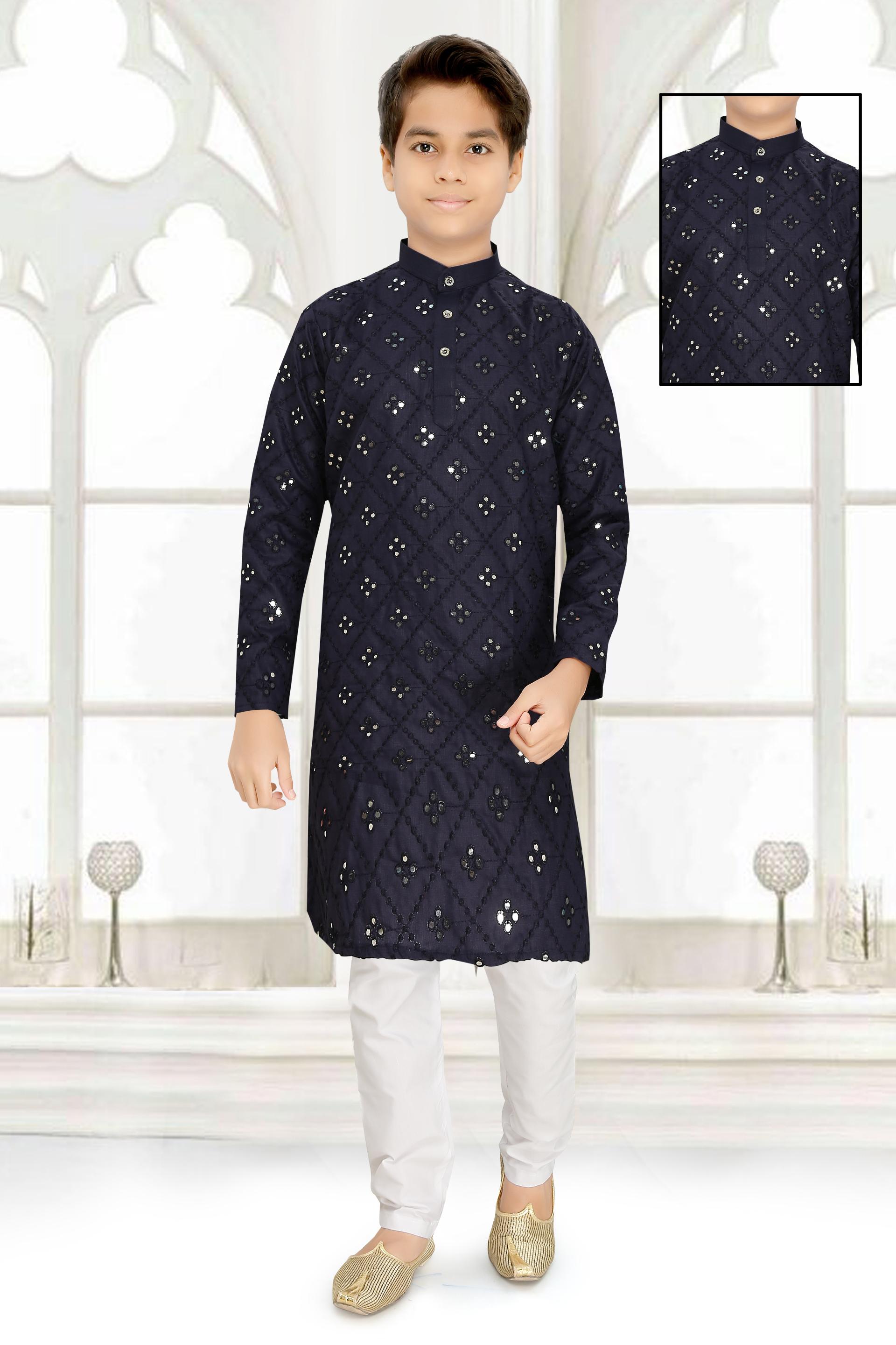 Men Blue Cotton Blend Mirror Work Kurta Set
