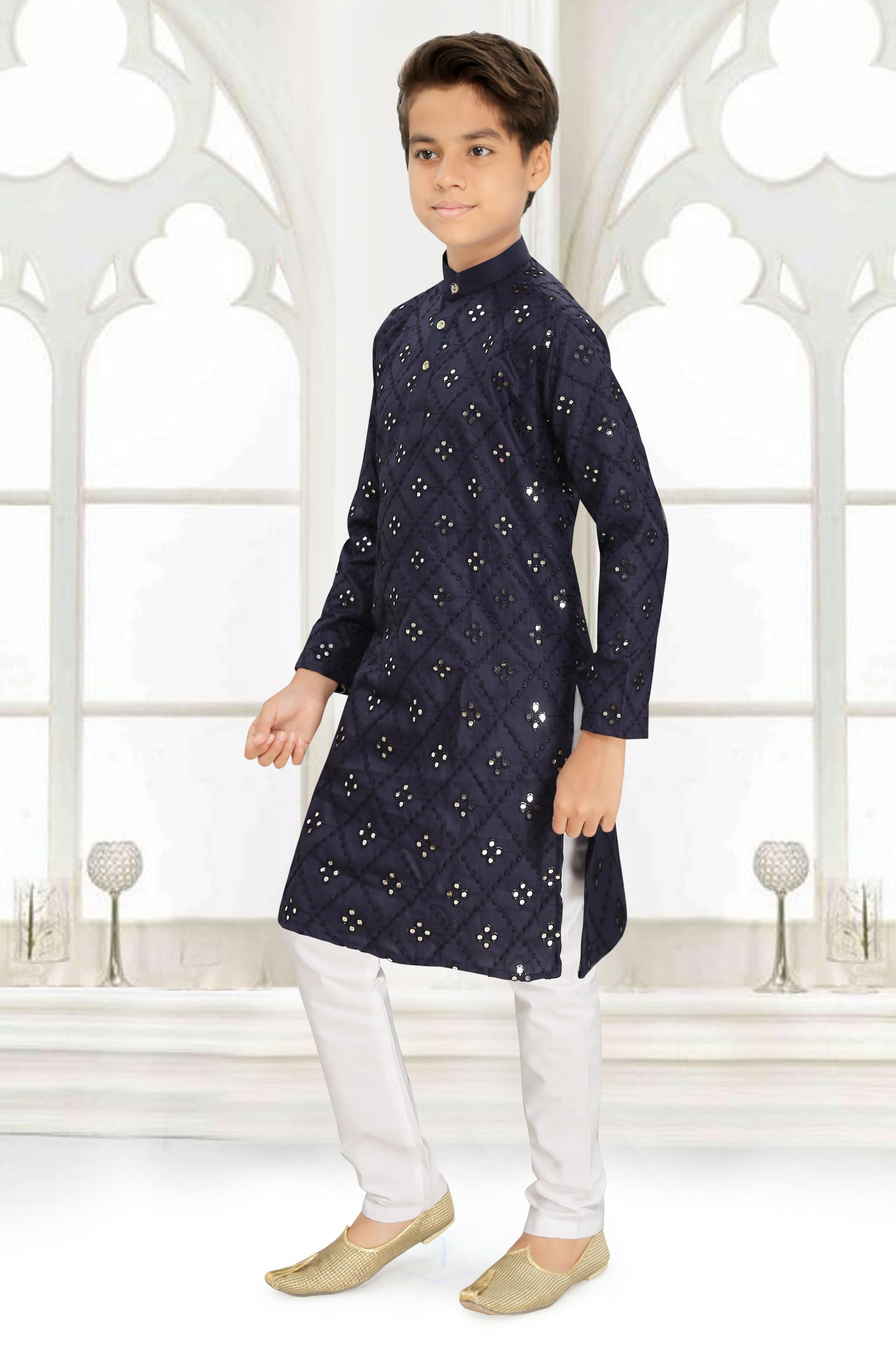 Men Blue Cotton Blend Mirror Work Kurta Set