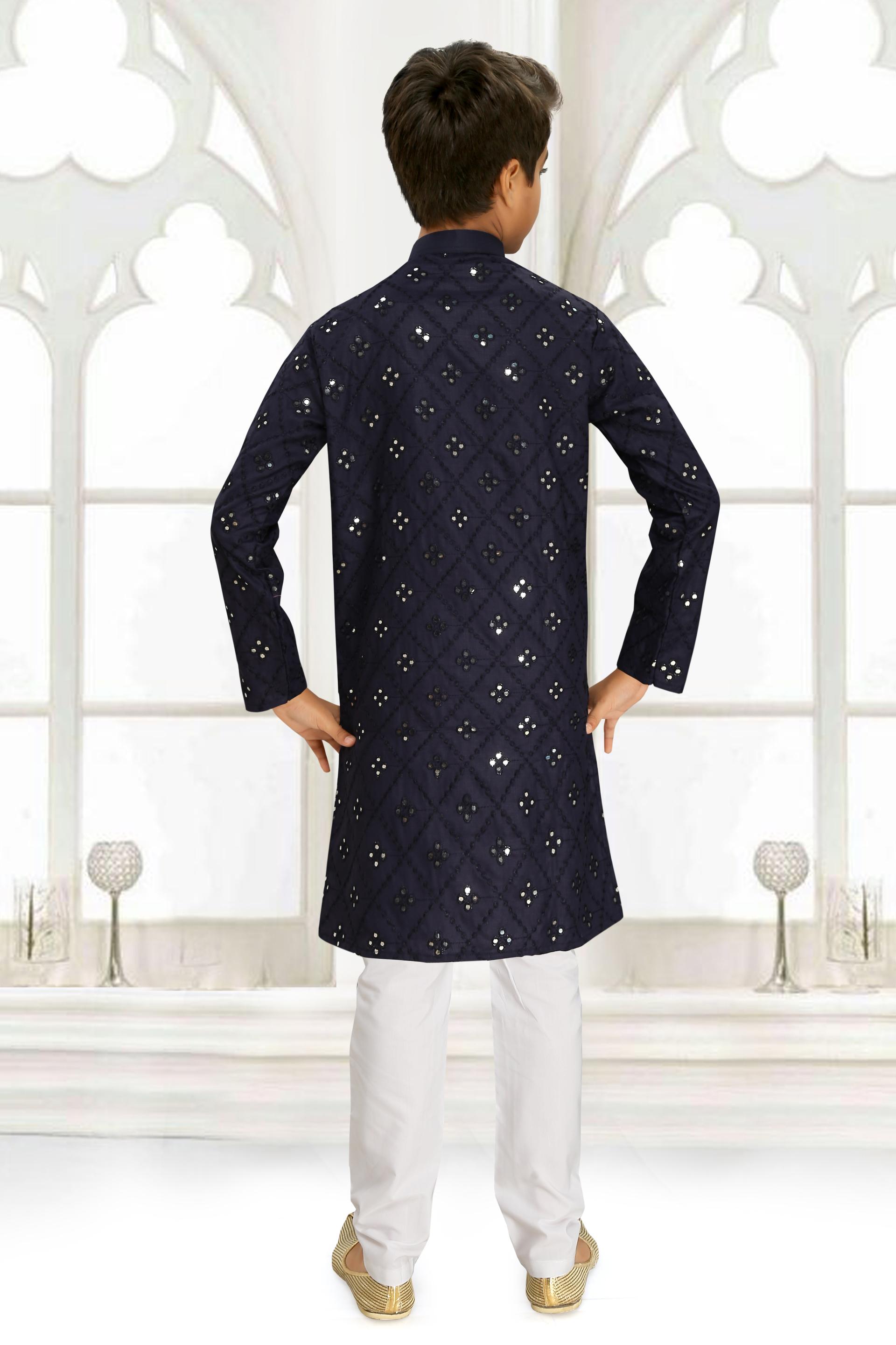Men Blue Cotton Blend Mirror Work Kurta Set