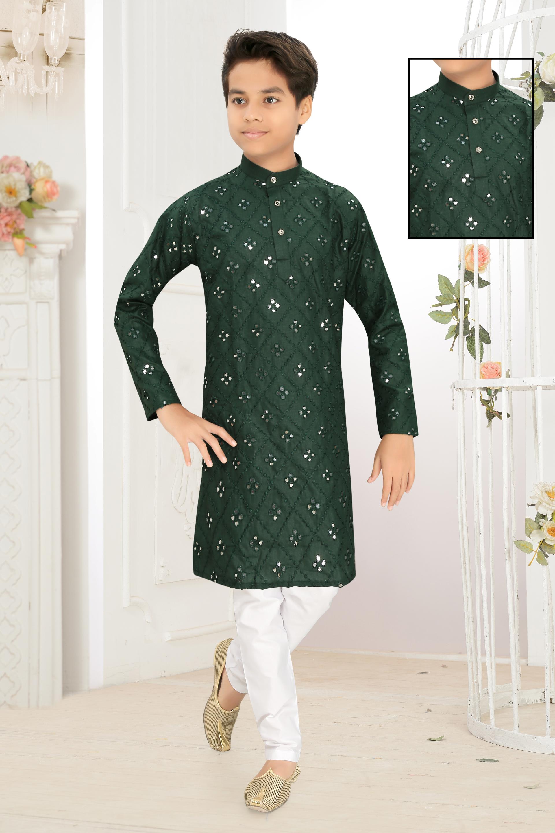 Men Green Cotton Blend Mirror Work Kurta Set