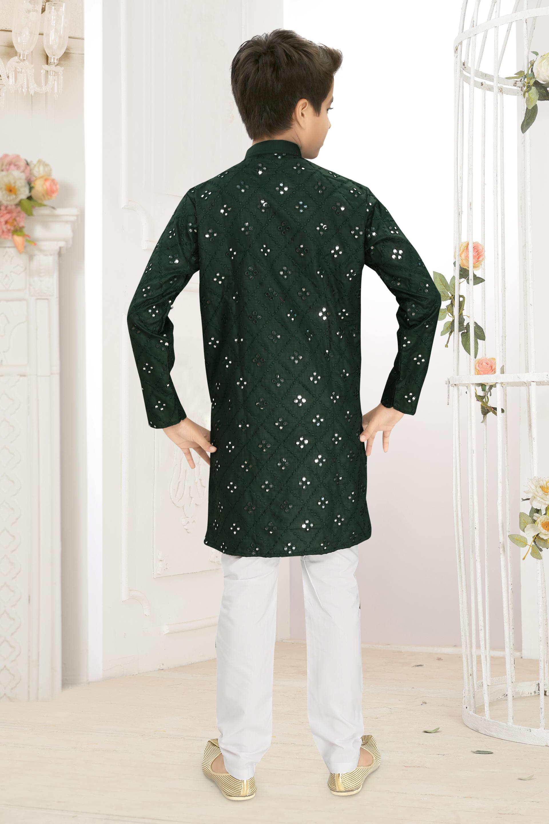 Men Green Cotton Blend Mirror Work Kurta Set