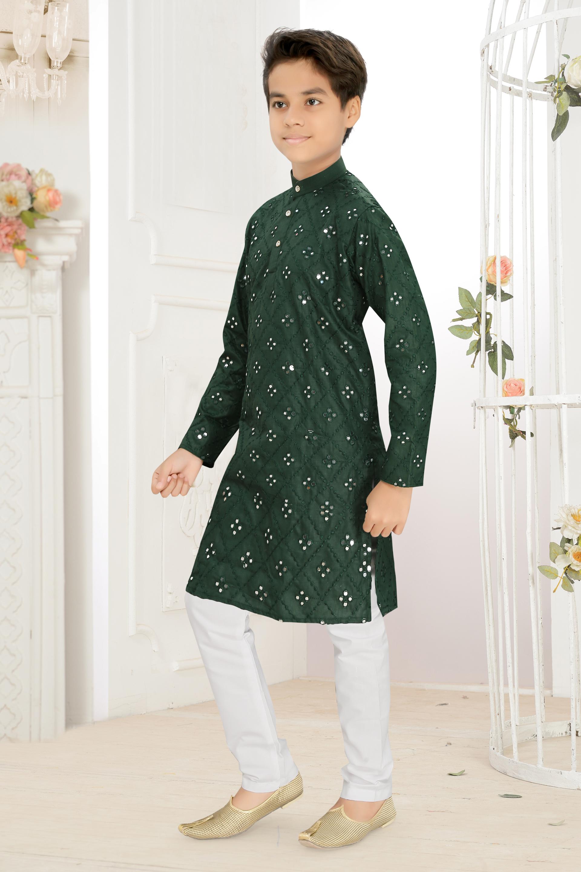 Men Green Cotton Blend Mirror Work Kurta Set