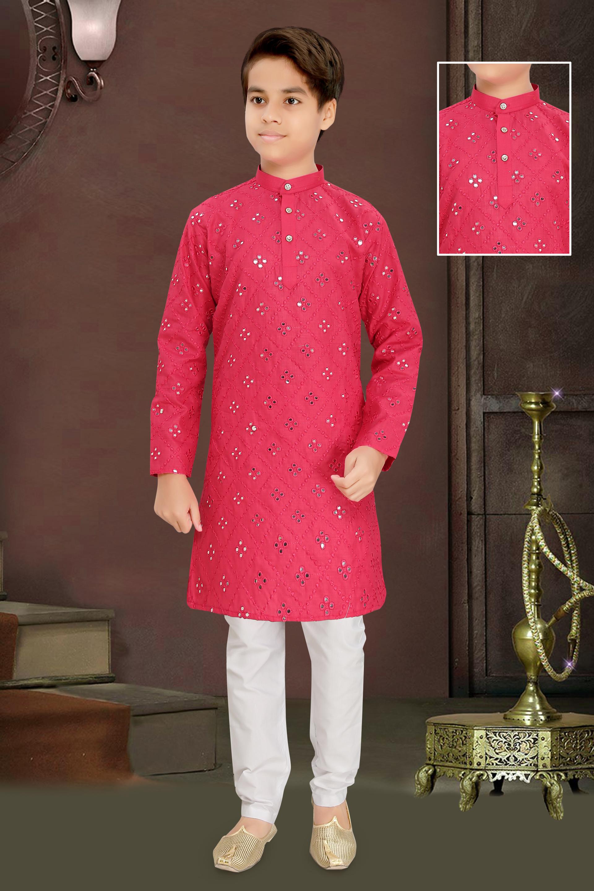 Men Pink Cotton Blend Mirror Work Kurta Set