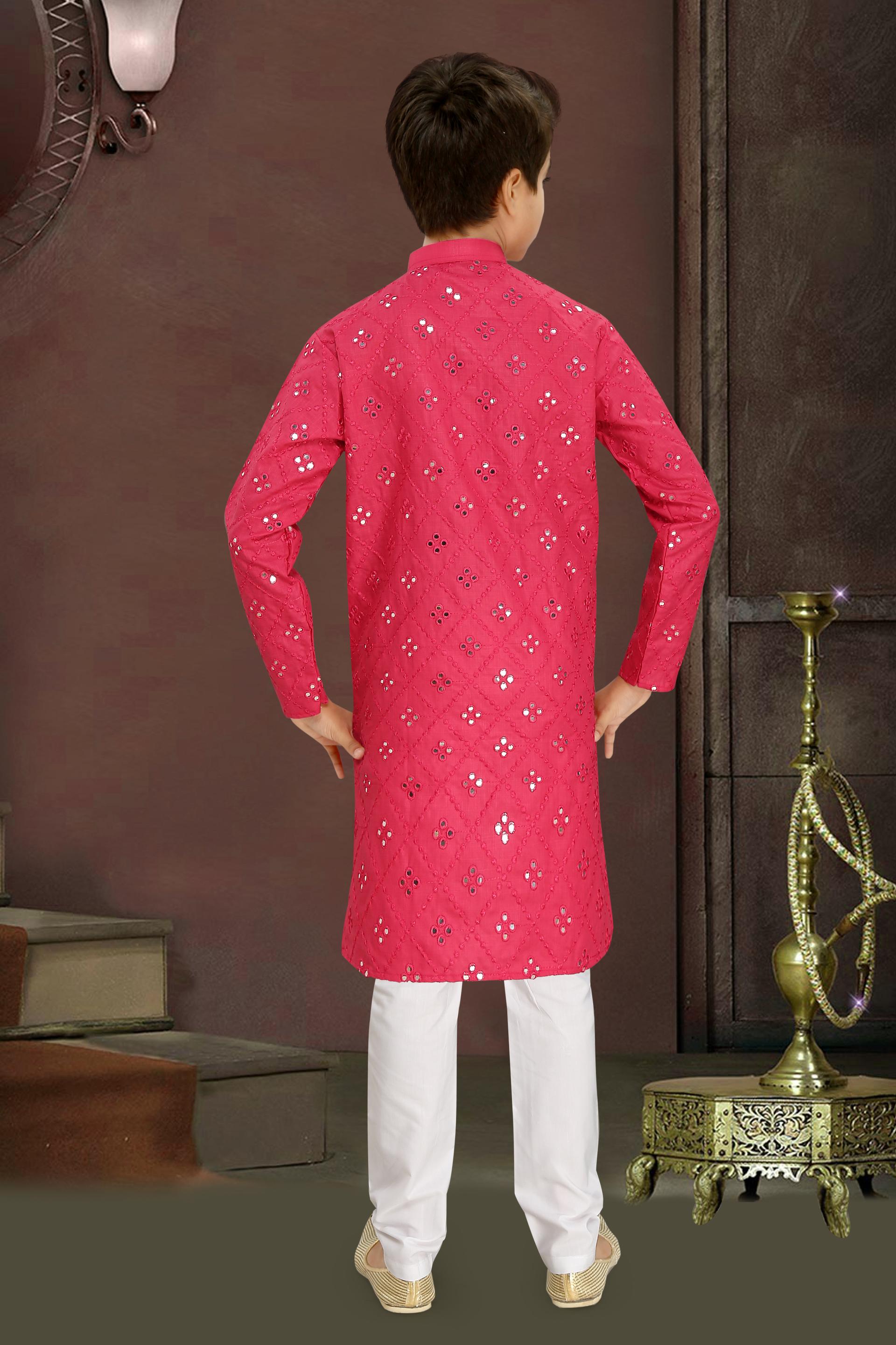 Men Pink Cotton Blend Mirror Work Kurta Set