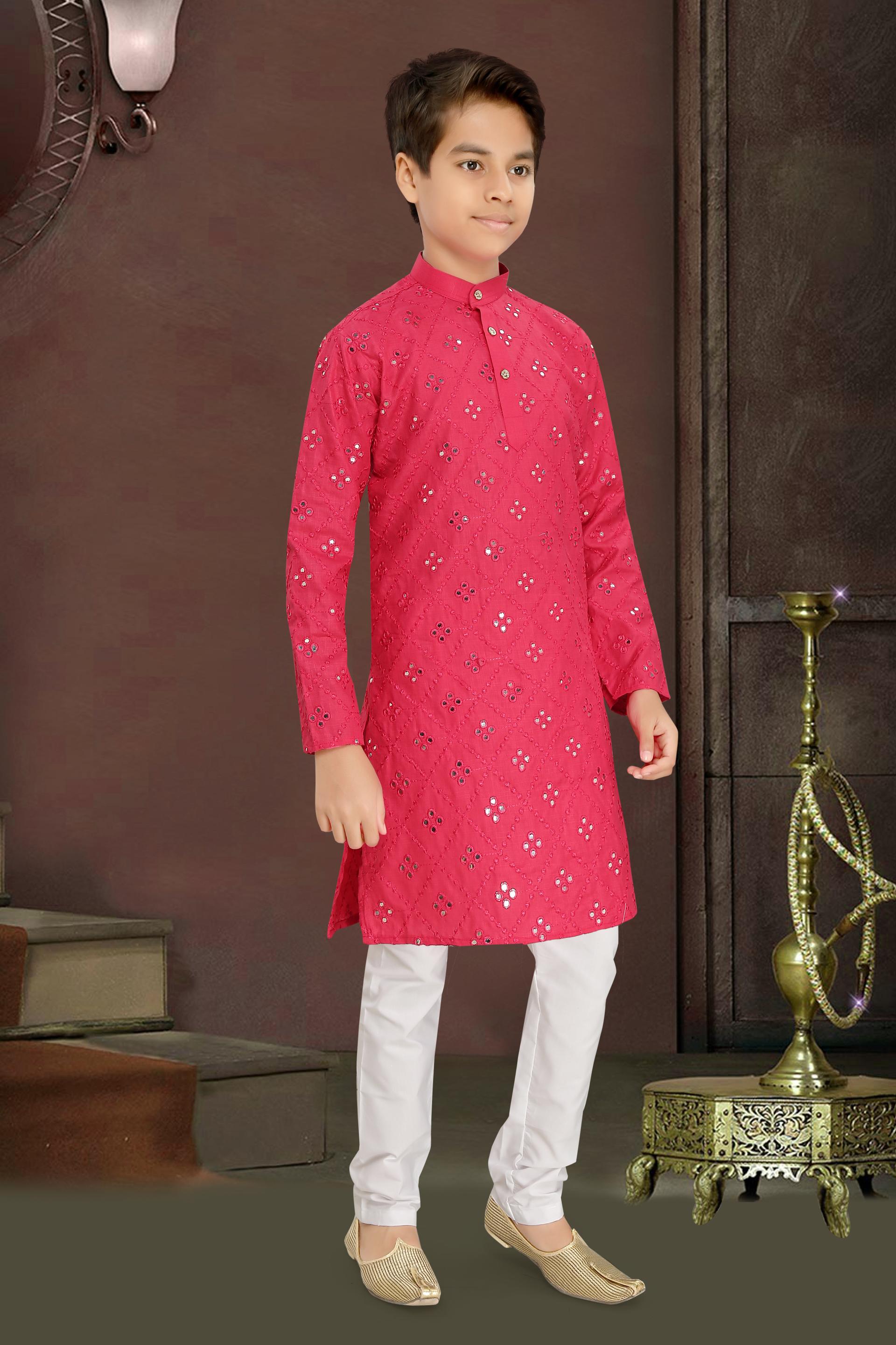 Men Pink Cotton Blend Mirror Work Kurta Set