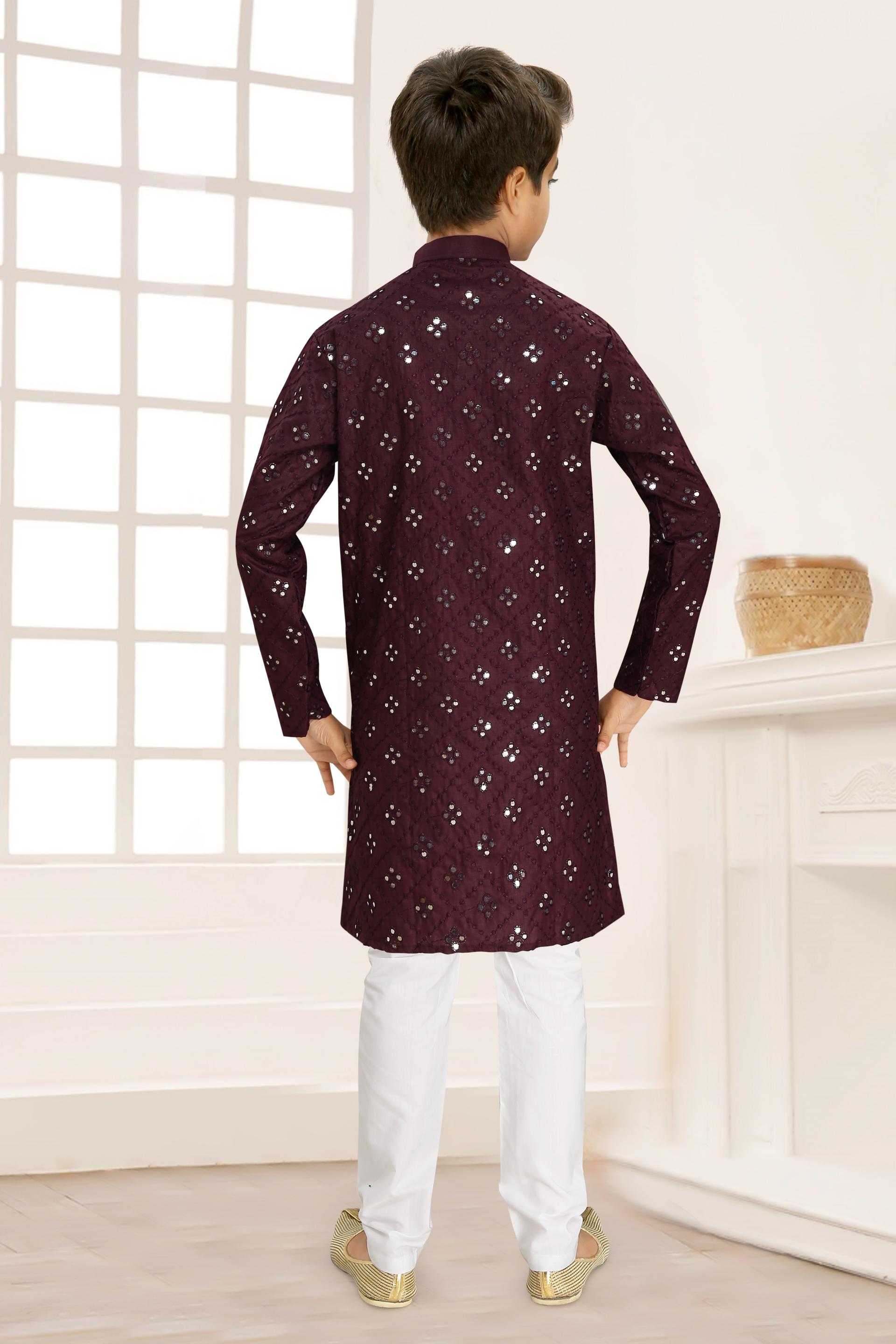 Men Wine Cotton Blend Mirror Work Kurta Set