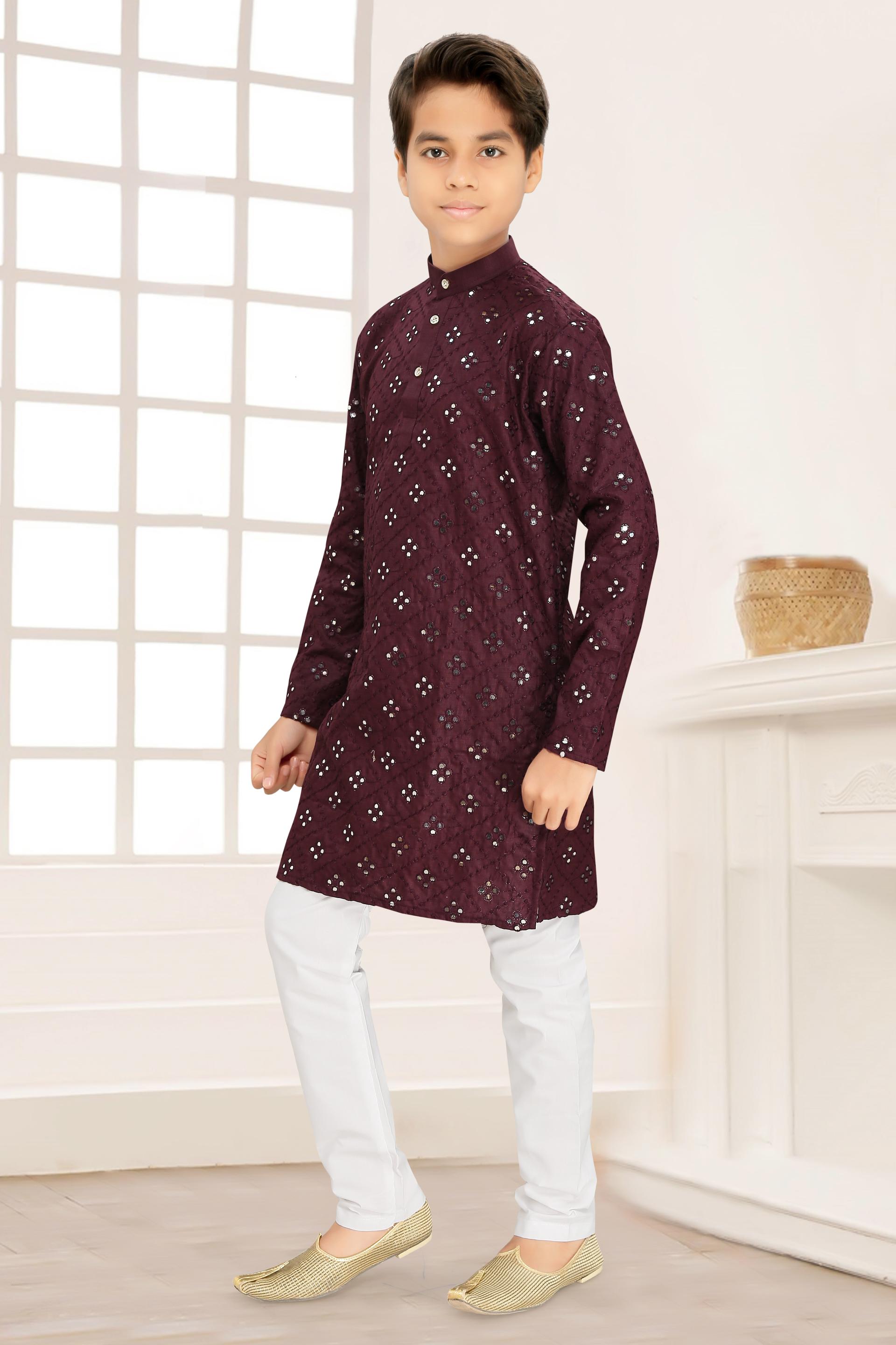 Men Wine Cotton Blend Mirror Work Kurta Set