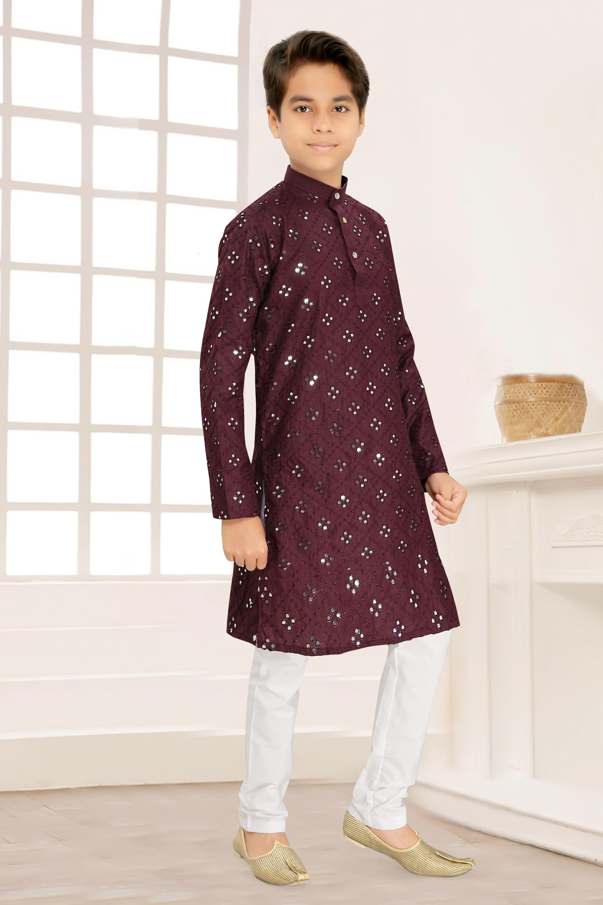 Men Wine Cotton Blend Mirror Work Kurta Set