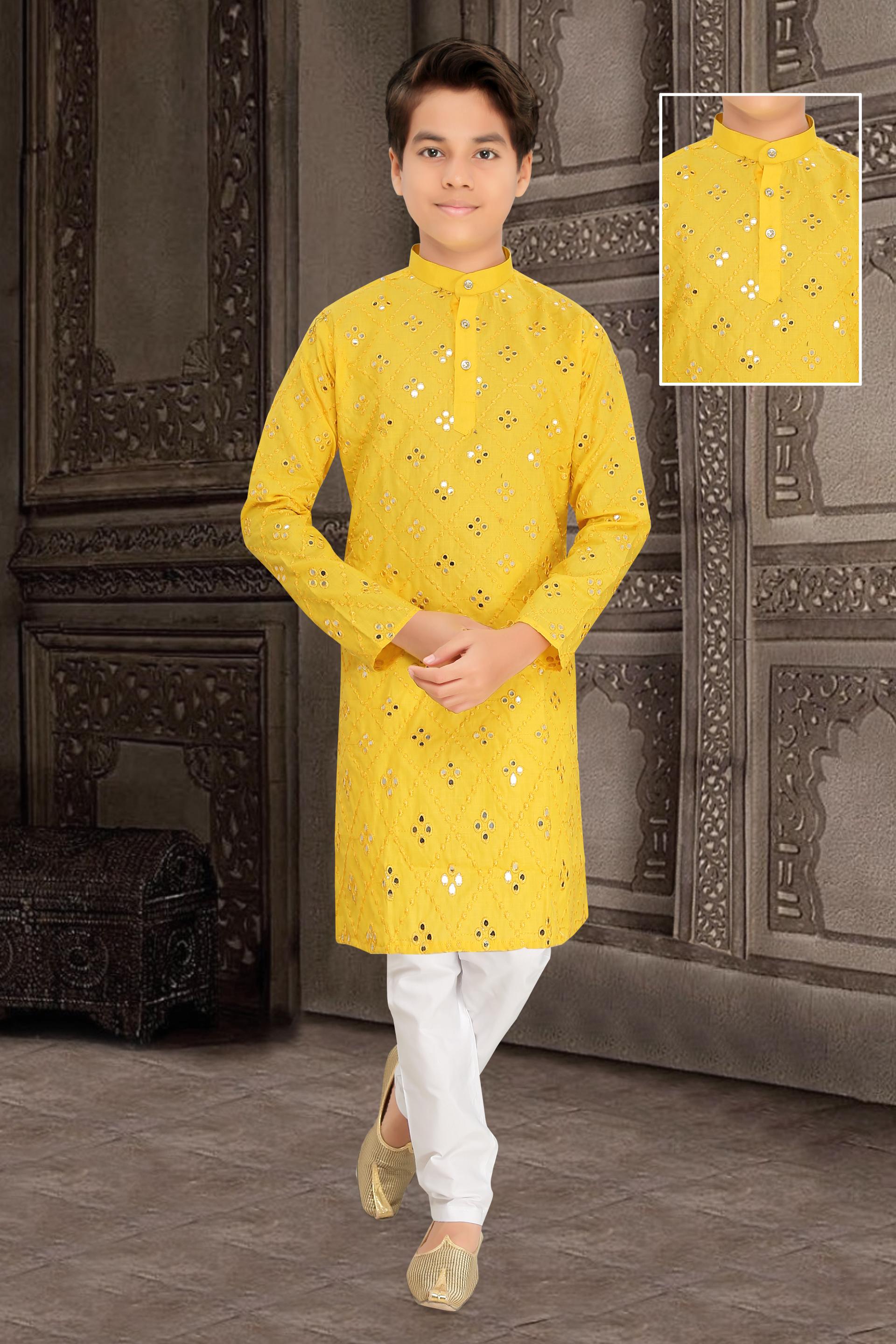 Men Yellow Cotton Blend Mirror Work Kurta Set