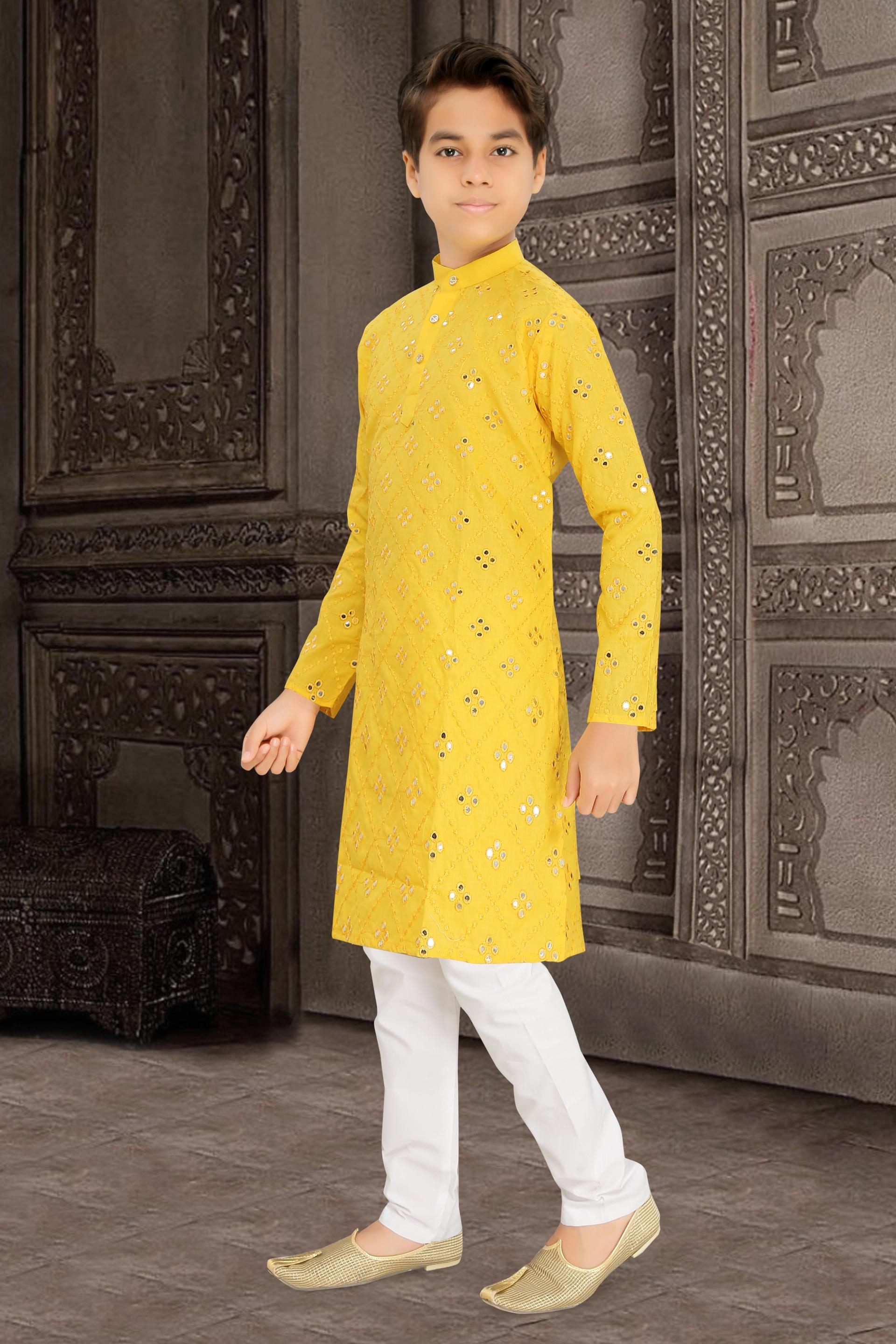 Men Yellow Cotton Blend Mirror Work Kurta Set