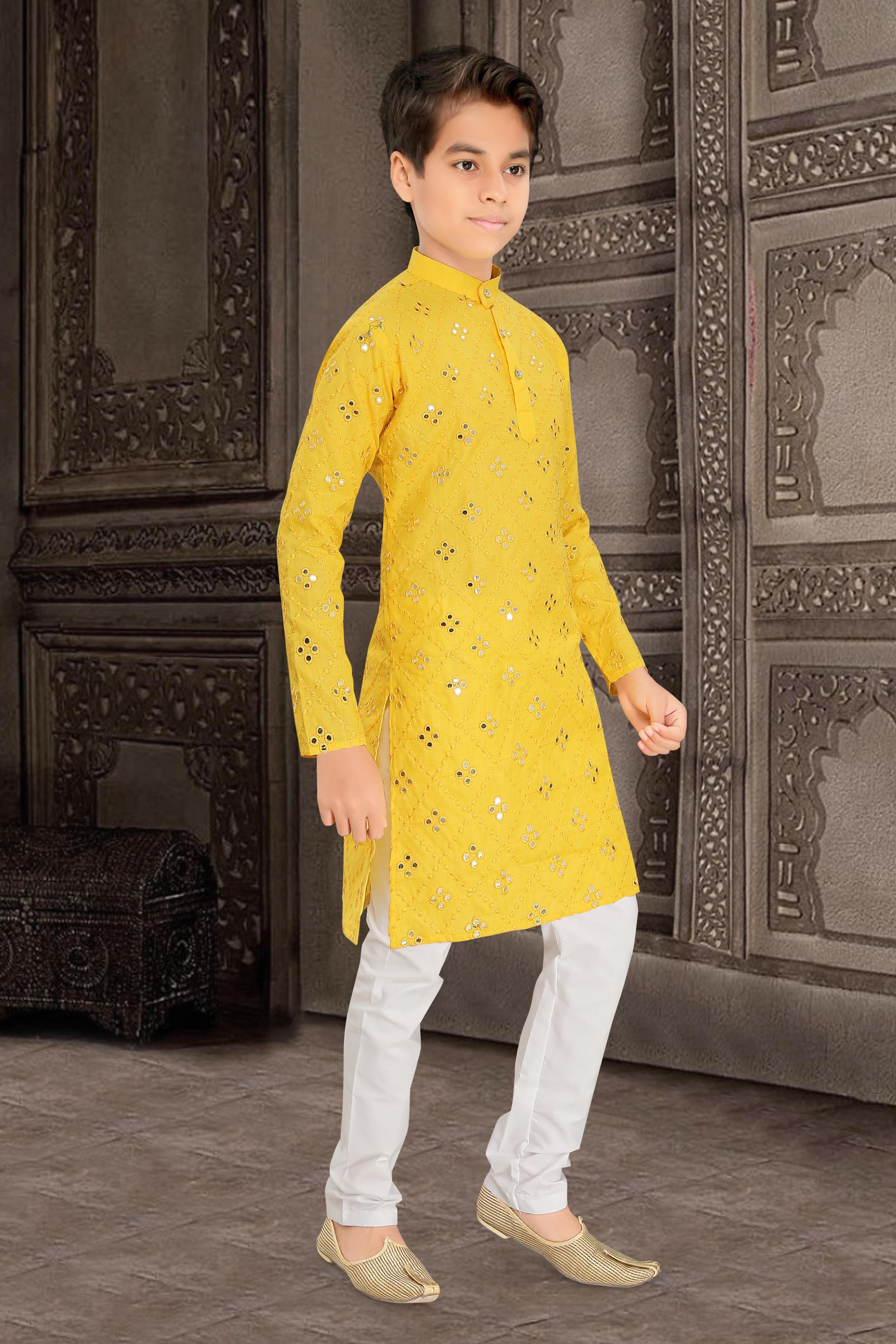Men Yellow Cotton Blend Mirror Work Kurta Set