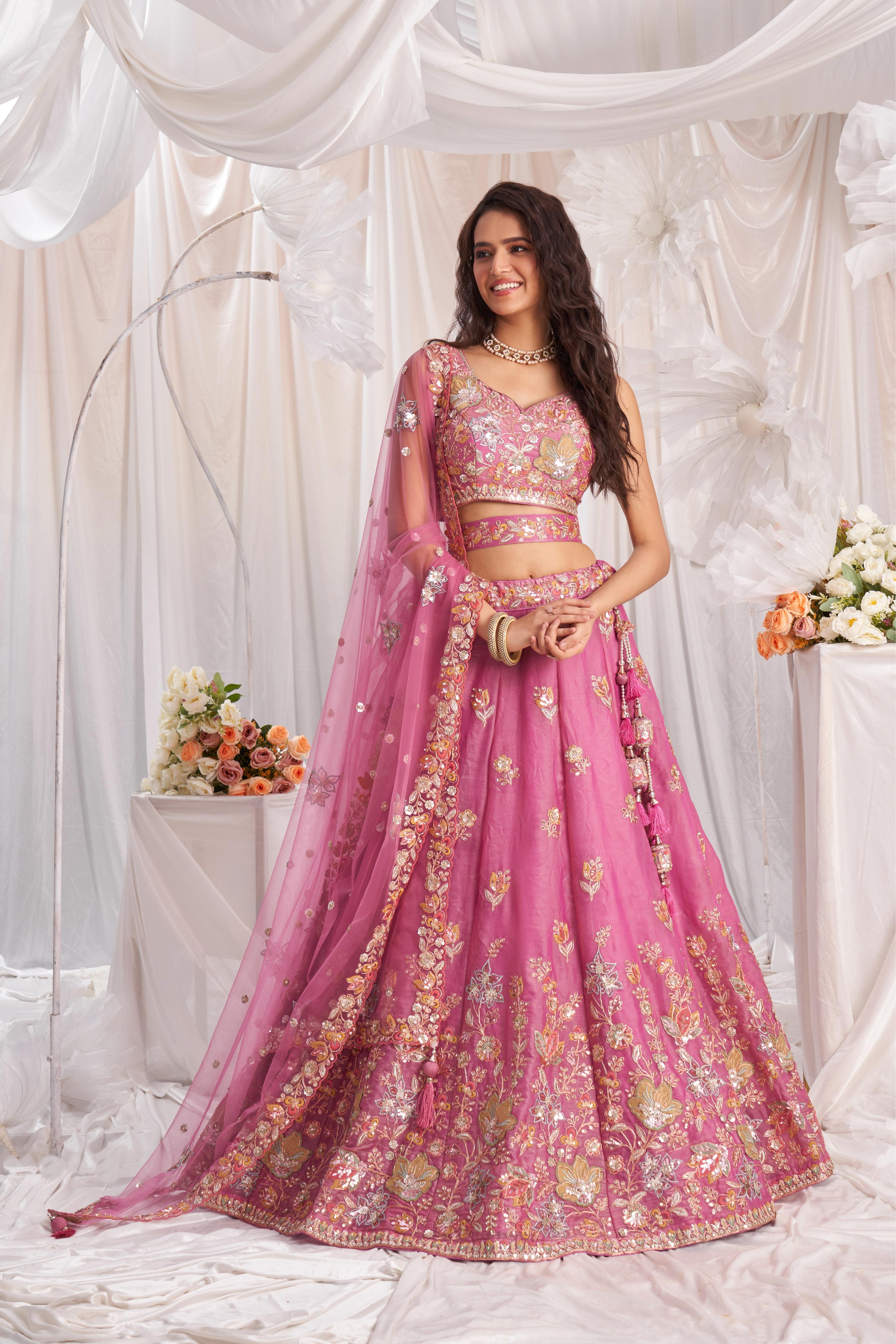 Pink Organza Sequins embroidery Semi-Stitched Lehenga choli & Dupatta