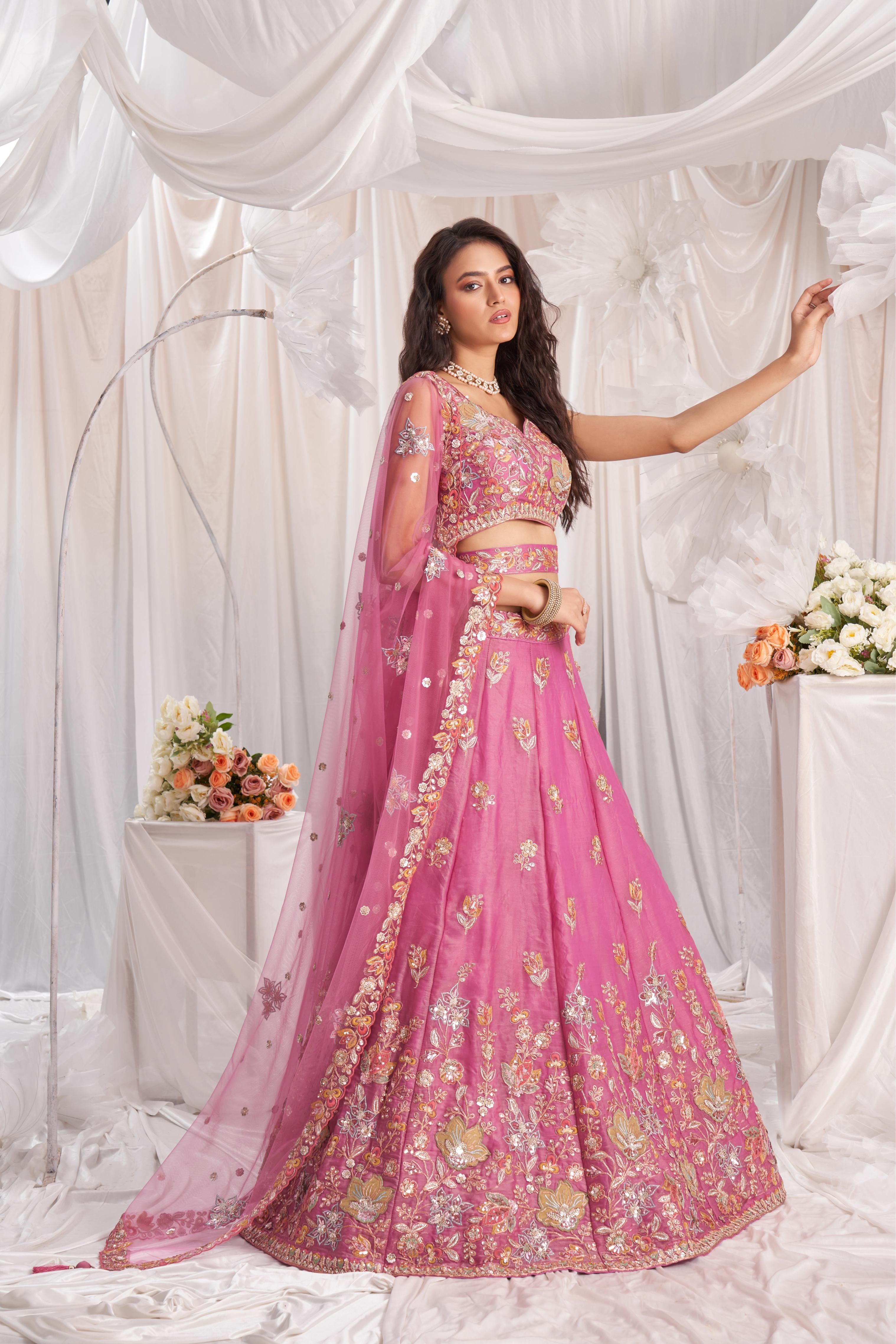 Pink Organza Sequins embroidery Semi-Stitched Lehenga choli & Dupatta