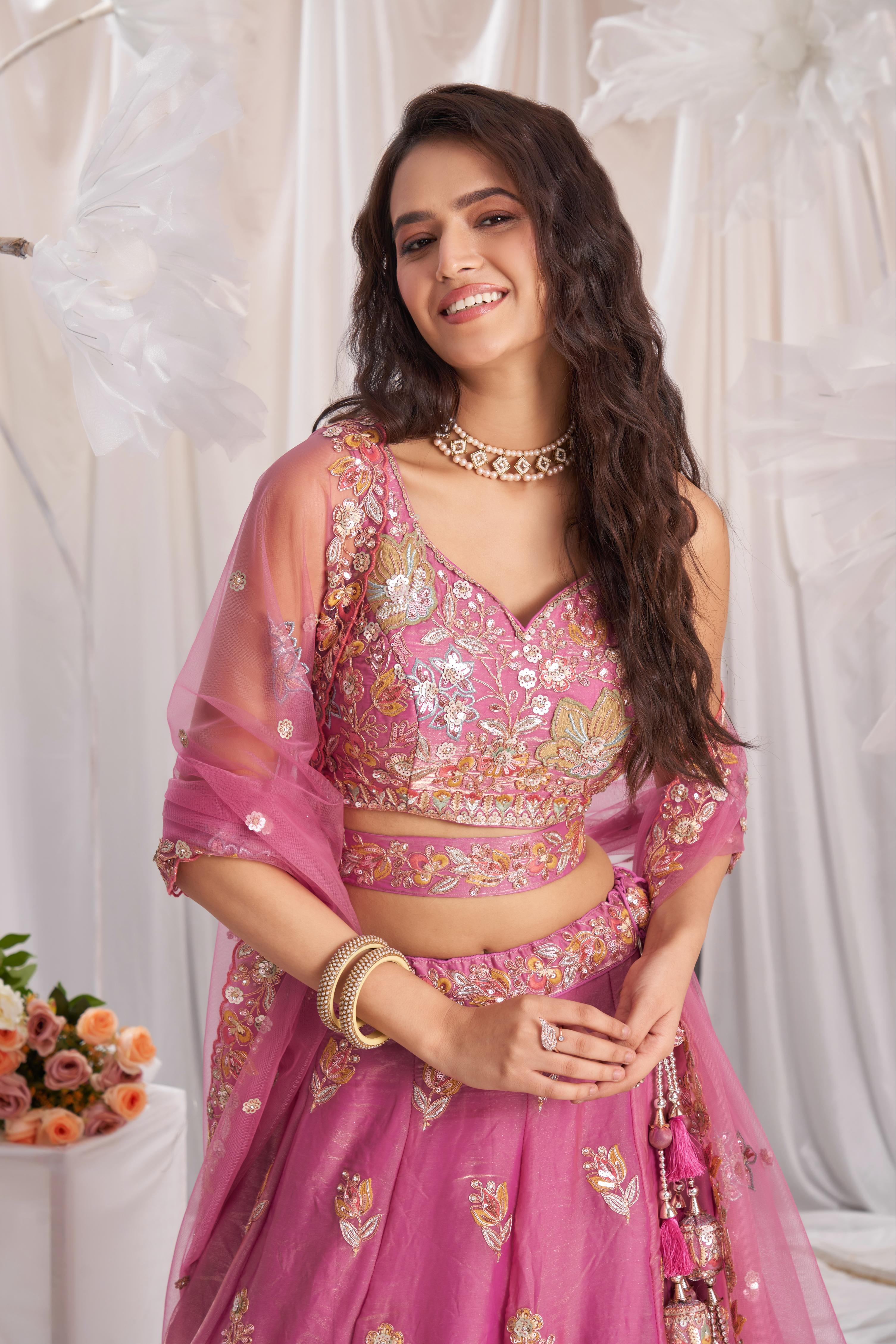 Pink Organza Sequins embroidery Semi-Stitched Lehenga choli & Dupatta