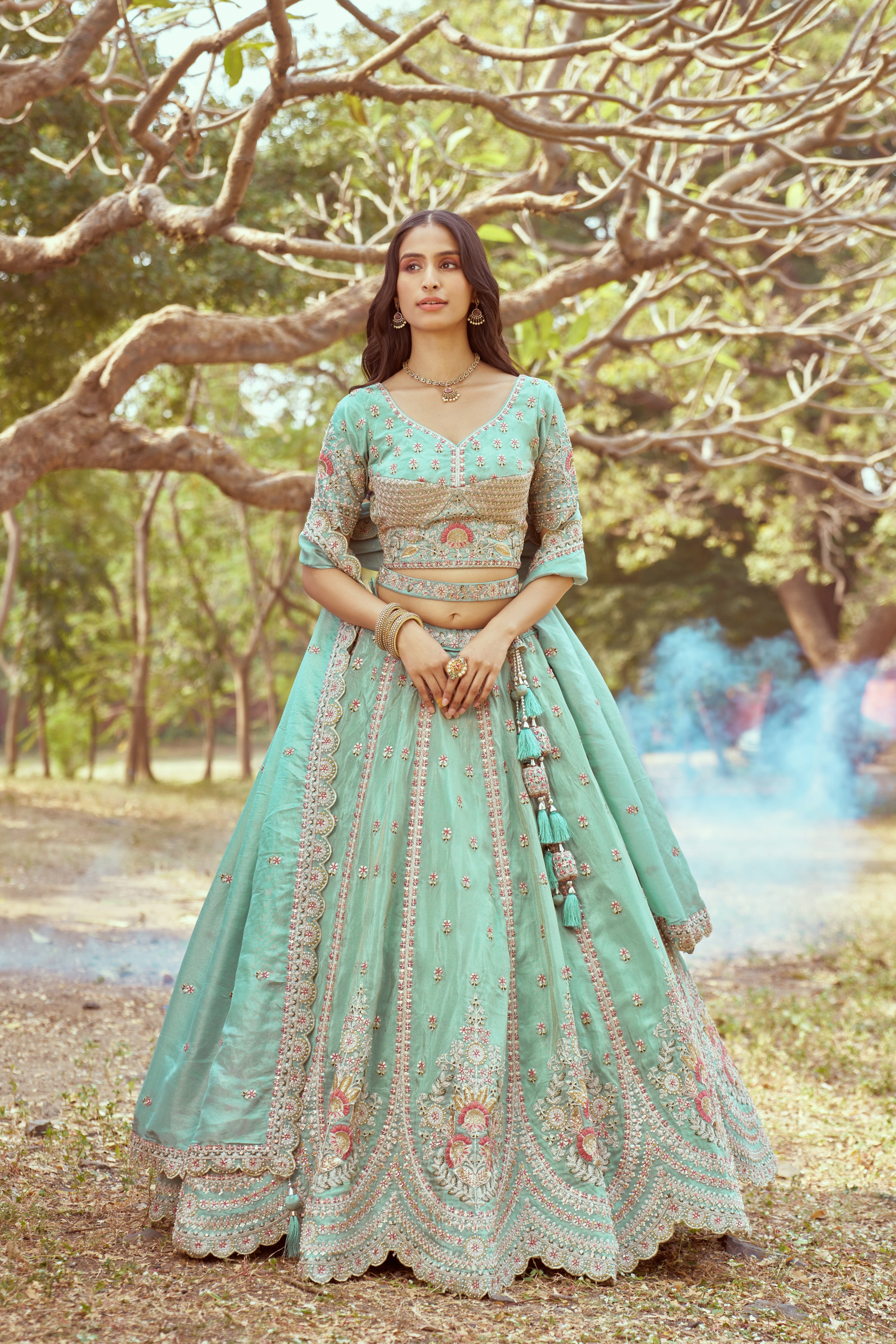 Seagreen Gold crushed Tissue Fabric Moti, Zari work Semi-Stitched Lehenga choli & Dupatta