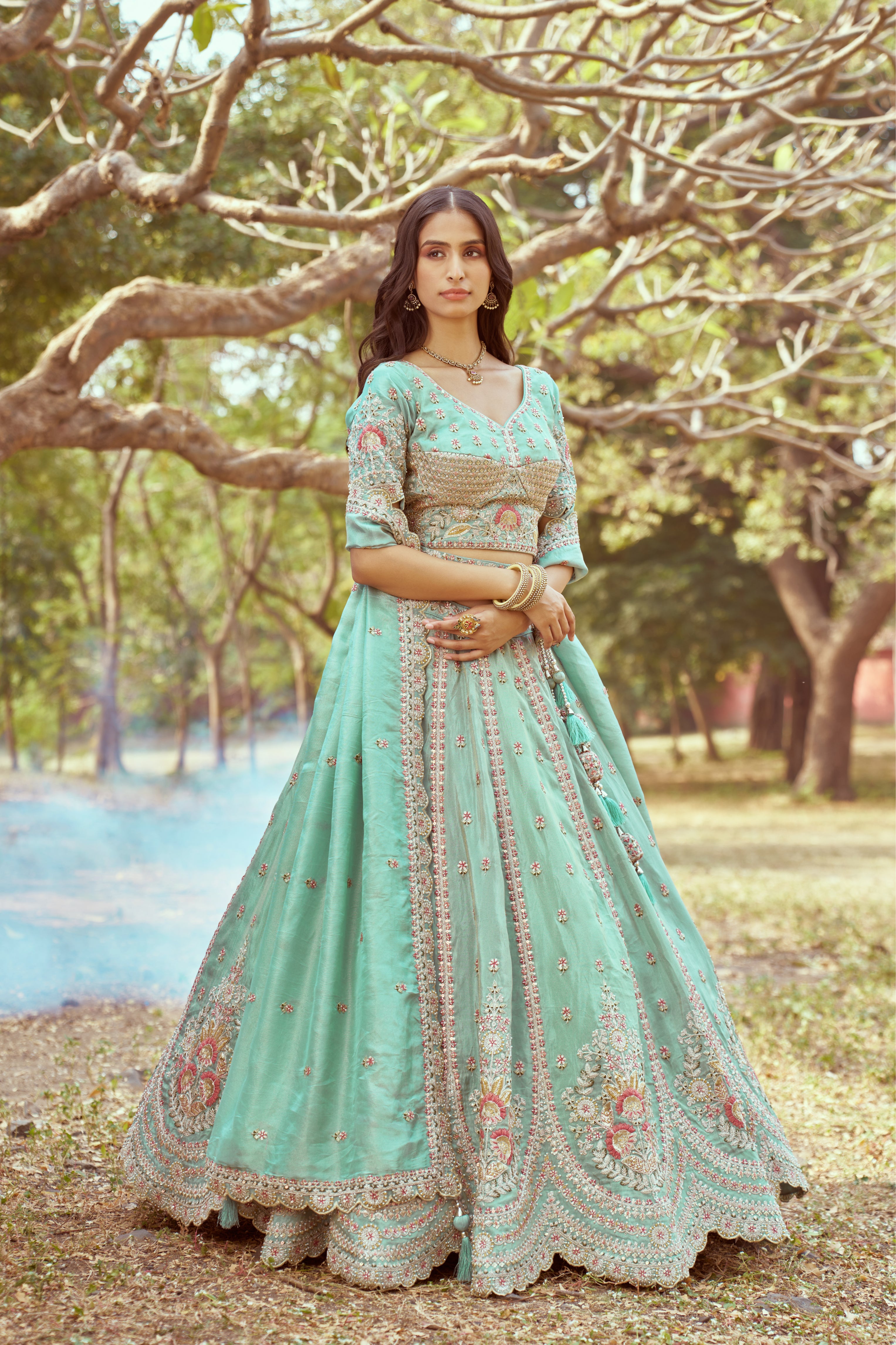 Seagreen Gold crushed Tissue Fabric Moti, Zari work Semi-Stitched Lehenga choli & Dupatta