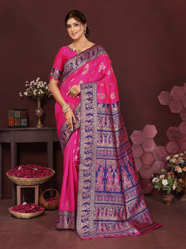 Women's Pink Banarsi Silk Woven Design Kanjeevaram  Saree