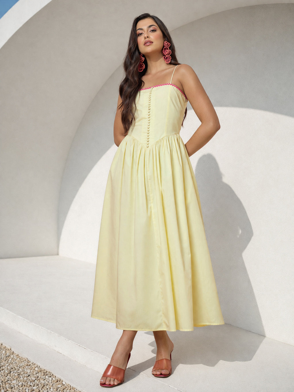 yellow strappy midi dress Summer Invite Yellow Tie-Strap Tiered Midi Dress