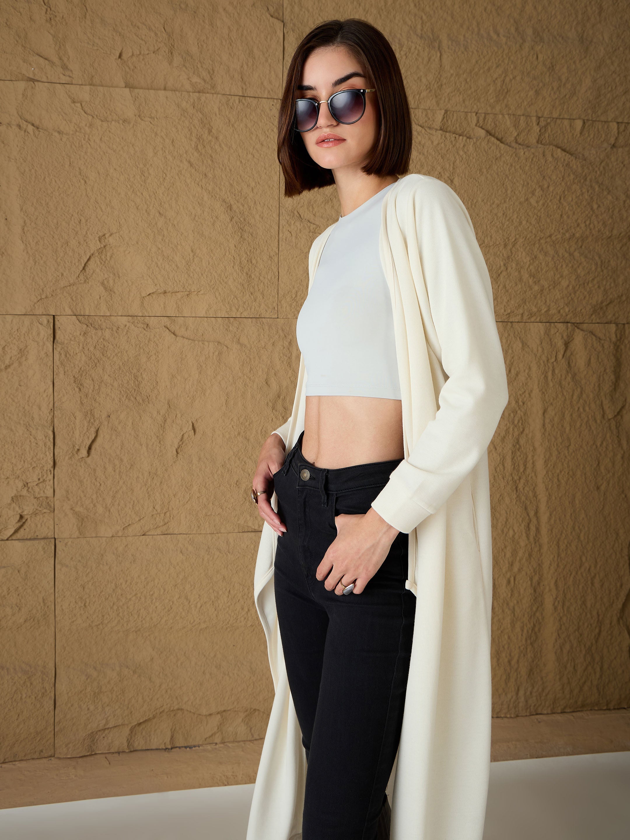 Women Off-White Front Open Long Shrug