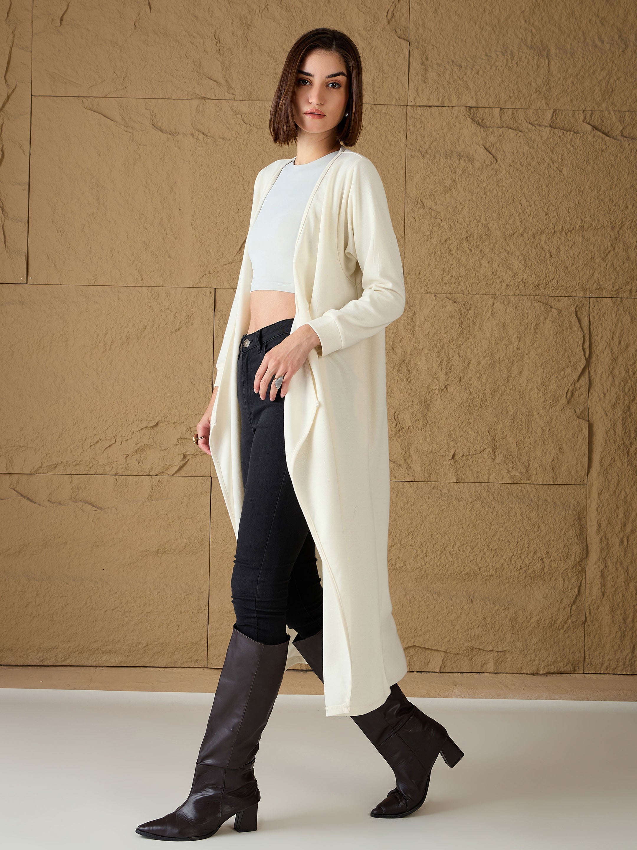 Women Off-White Front Open Long Shrug